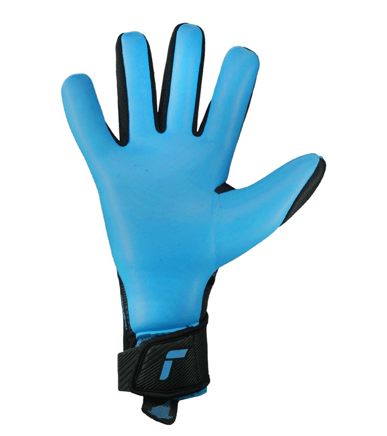 Guantes de portero de fútbol Reusch FastGrip Aqua Black / Aqua Blue, con palma para clima húmedo, corte híbrido y dorso ventilado. Guantes profesionales de agarre y control bajo lluvia, disponibles en UnoKeeper.