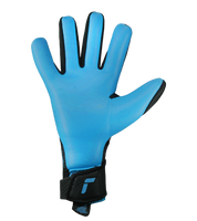 Guantes de portero de fútbol Reusch FastGrip Aqua Black / Aqua Blue, con palma para clima húmedo, corte híbrido y dorso ventilado. Guantes profesionales de agarre y control bajo lluvia, disponibles en UnoKeeper.