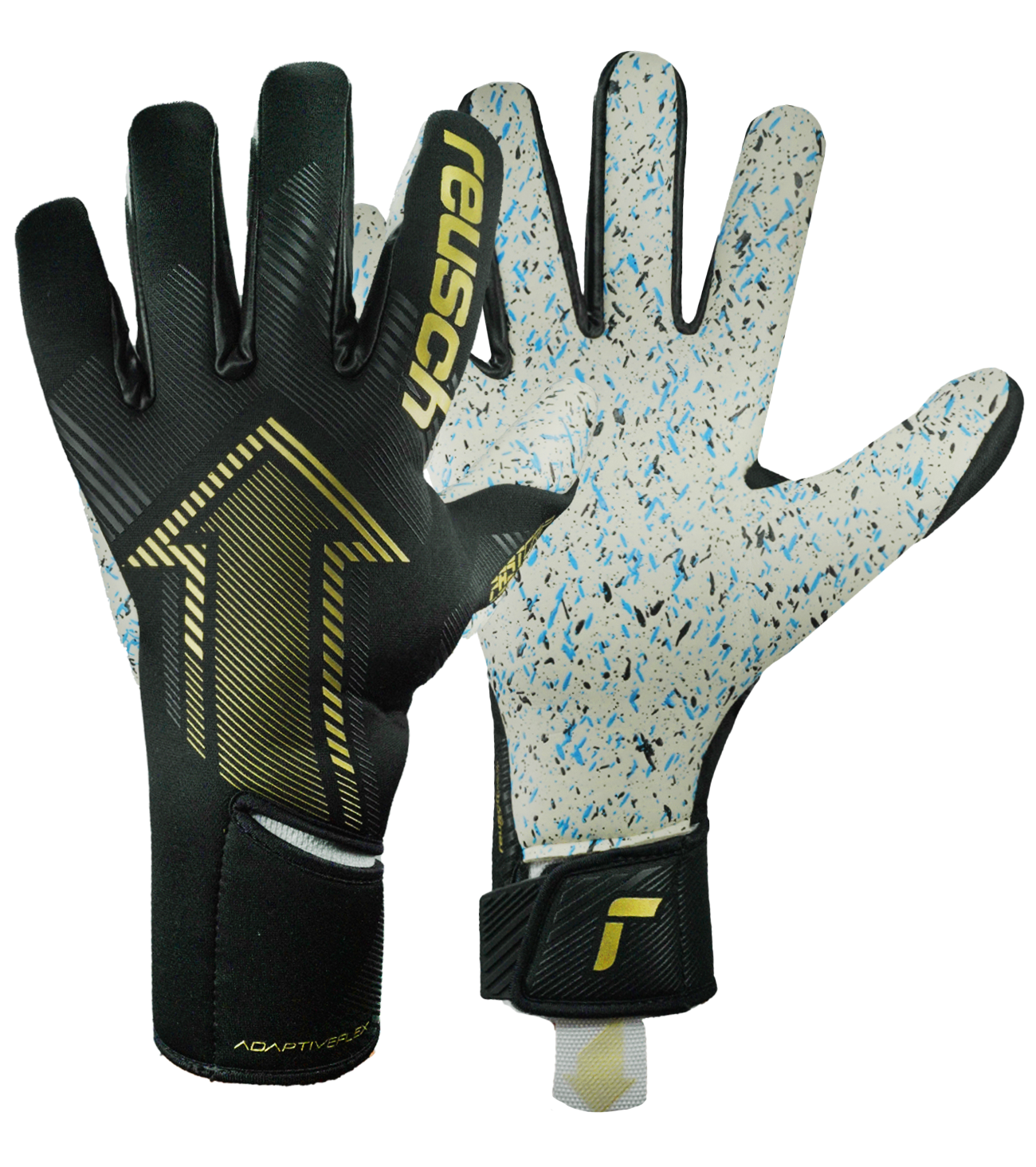 Guantes de portero de fútbol Reusch FastGrip Fusion Black/Gold, con palma Fusion, corte Hybrid Evolution, dorso ventilado y cierre AdaptiveFlex. Guantes profesionales de agarre, precisión y durabilidad, disponibles en UnoKeeper.