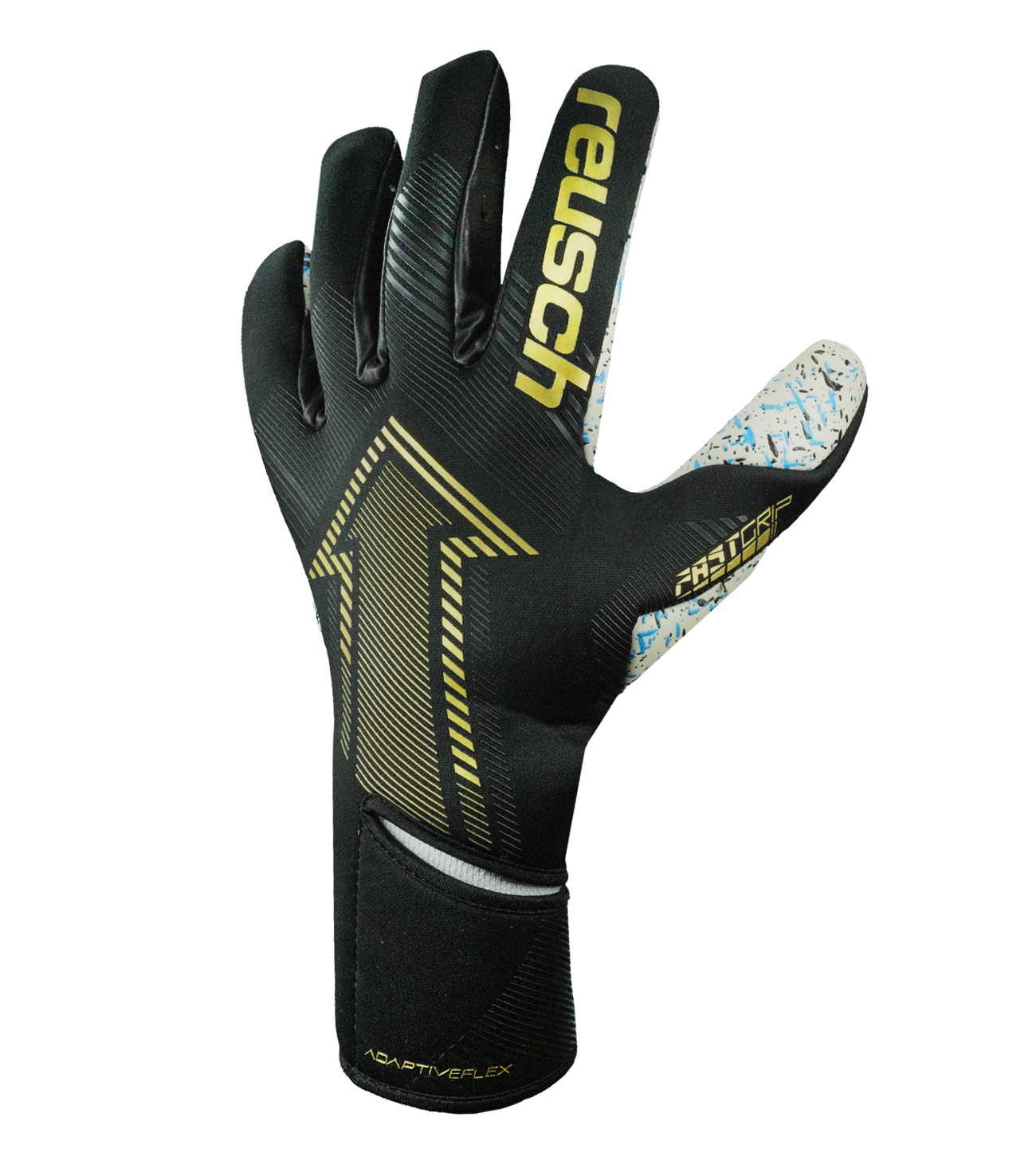 Guantes de portero de fútbol Reusch FastGrip Fusion Black/Gold, con palma Fusion, corte Hybrid Evolution, dorso ventilado y cierre AdaptiveFlex. Guantes profesionales de agarre, precisión y durabilidad, disponibles en UnoKeeper.