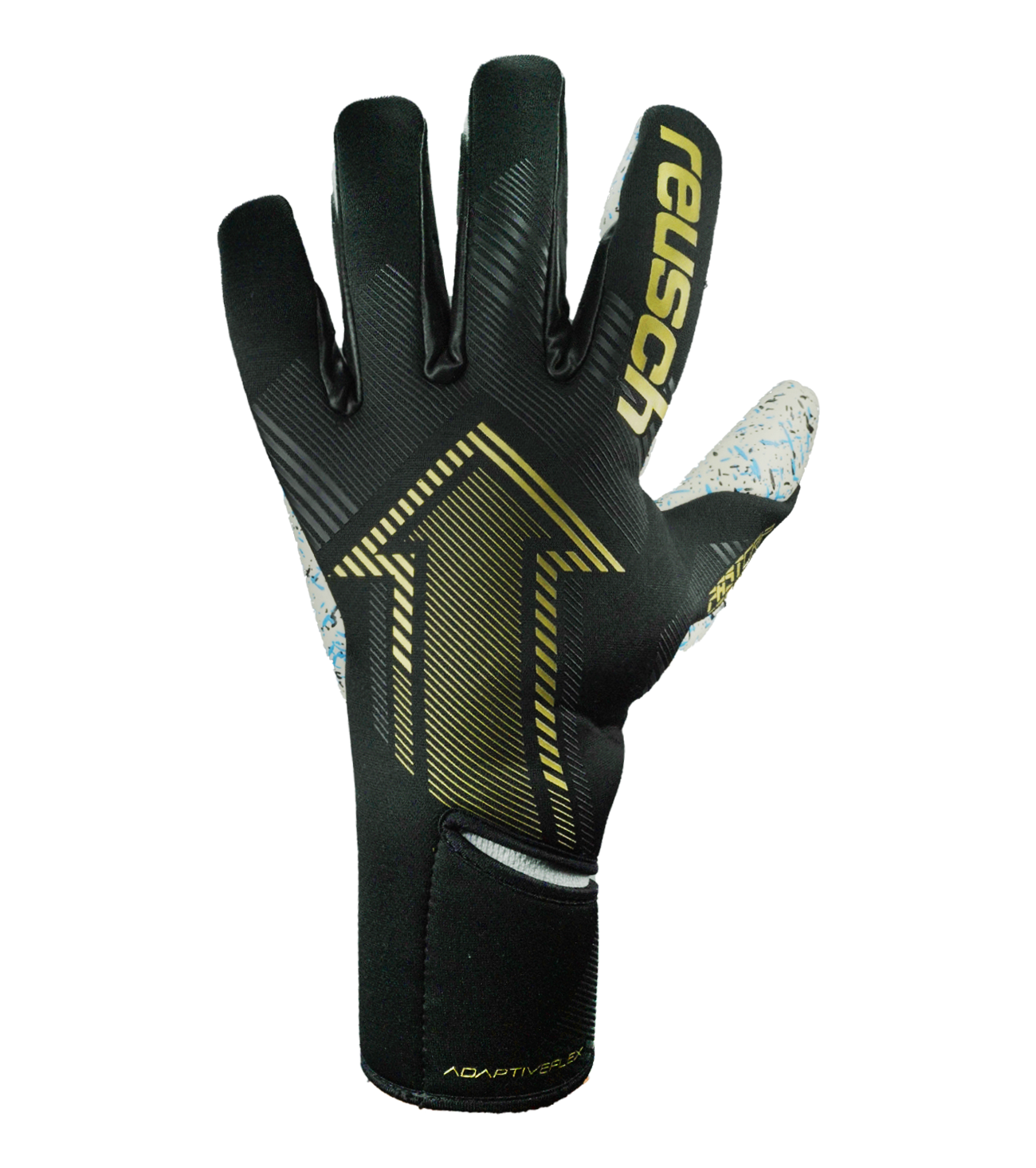 Guantes de portero de fútbol Reusch FastGrip Fusion Black/Gold, con palma Fusion, corte Hybrid Evolution, dorso ventilado y cierre AdaptiveFlex. Guantes profesionales de agarre, precisión y durabilidad, disponibles en UnoKeeper.