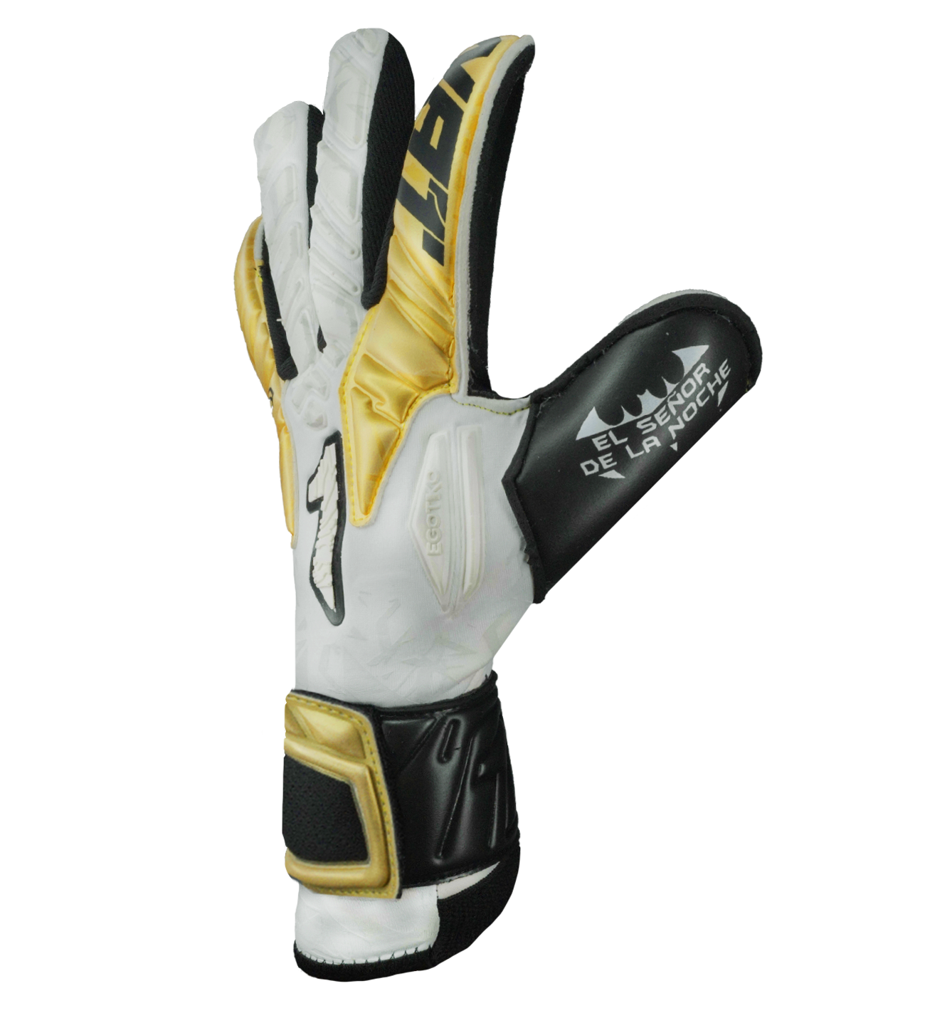 Guantes de portero Egotiko Malagold con palma de látex AXG, corte híbrido Negative-Roll, dorso reforzado y detalles dorados que celebran el tricampeonato. Máxima protección, agarre profesional y estilo único, disponibles en UnoKeeper.