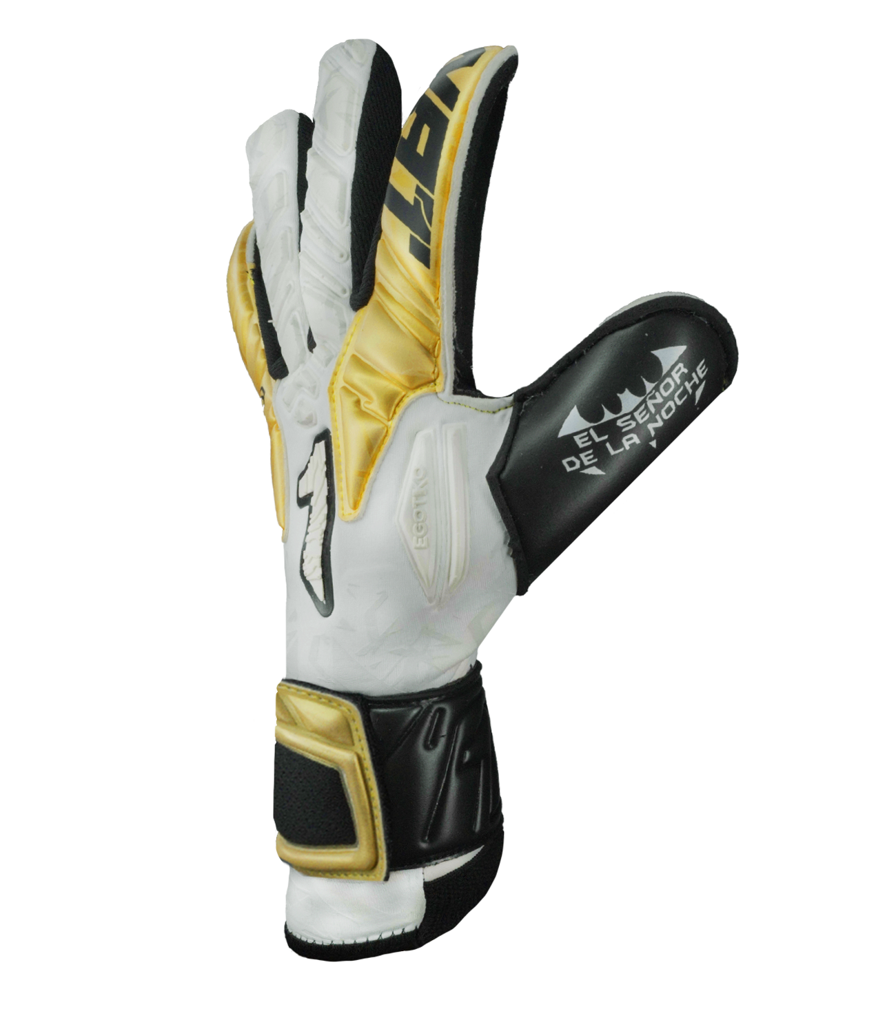 Guantes de portero Egotiko Malagold con palma de látex AXG, corte híbrido Negative-Roll, dorso reforzado y detalles dorados que celebran el tricampeonato. Máxima protección, agarre profesional y estilo único, disponibles en UnoKeeper.