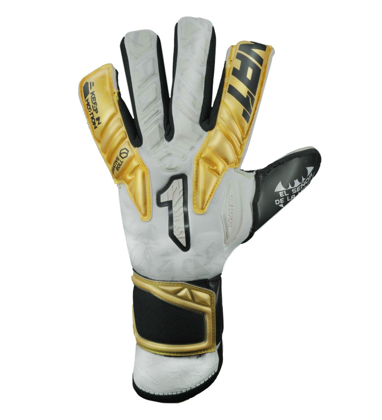 Guantes de portero Egotiko Malagold con palma de látex AXG, corte híbrido Negative-Roll, dorso reforzado y detalles dorados que celebran el tricampeonato. Máxima protección, agarre profesional y estilo único, disponibles en UnoKeeper.