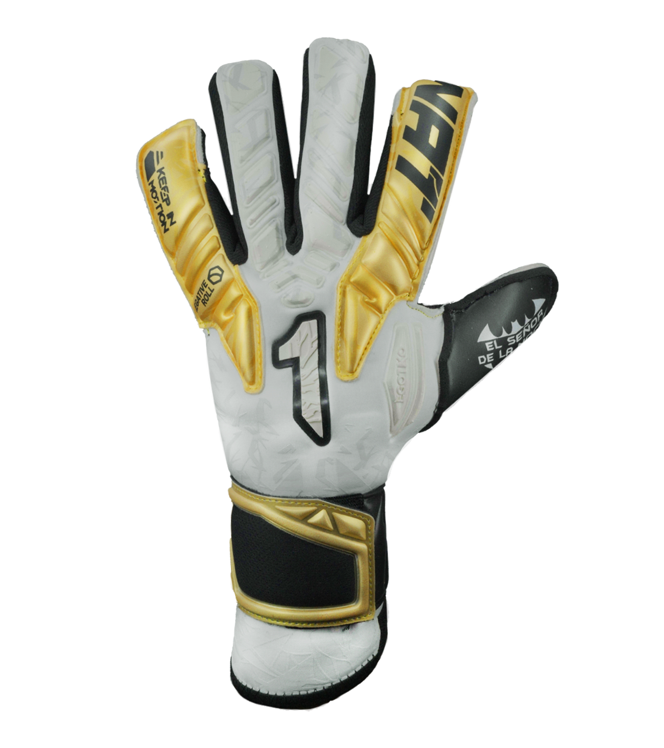 Guantes de portero Egotiko Malagold con palma de látex AXG, corte híbrido Negative-Roll, dorso reforzado y detalles dorados que celebran el tricampeonato. Máxima protección, agarre profesional y estilo único, disponibles en UnoKeeper.