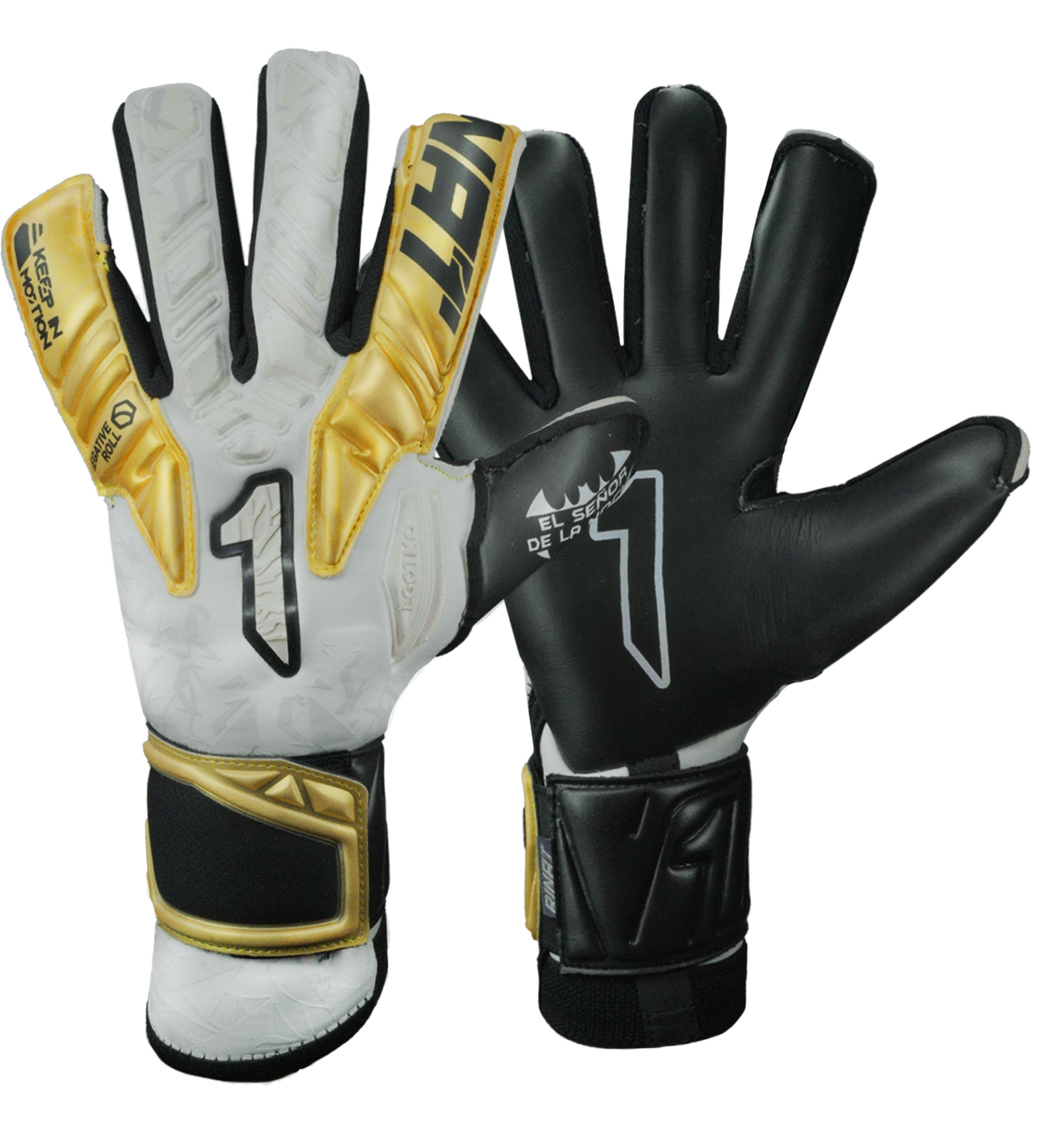 Guantes de portero Egotiko Malagold con palma de látex AXG, corte híbrido Negative-Roll, dorso reforzado y detalles dorados que celebran el tricampeonato. Máxima protección, agarre profesional y estilo único, disponibles en UnoKeeper.