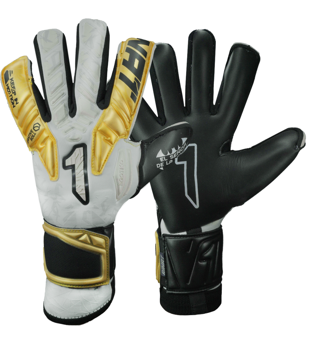 Guantes de portero Egotiko Malagold con palma de látex AXG, corte híbrido Negative-Roll, dorso reforzado y detalles dorados que celebran el tricampeonato. Máxima protección, agarre profesional y estilo único, disponibles en UnoKeeper.