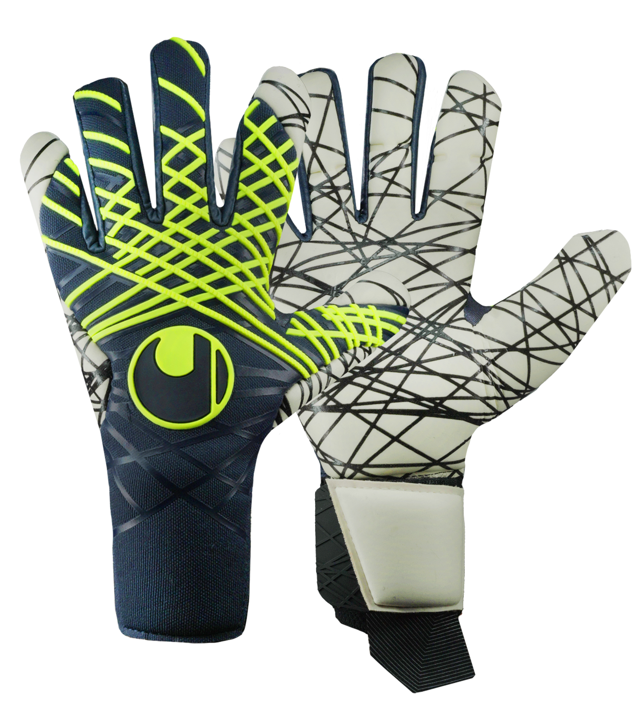 Guantes de portero de fútbol Uhlsport Prediction UltraGrip HN en azul/blanco/amarillo, con palma SuperGRIP, corte Half Negative, dorso ligero y cierre Dual Fix. Guantes profesionales de alto agarre y ajuste, disponibles en UnoKeeper.