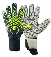 Guantes de portero de fútbol Uhlsport Prediction UltraGrip HN en azul/blanco/amarillo, con palma SuperGRIP, corte Half Negative, dorso ligero y cierre Dual Fix. Guantes profesionales de alto agarre y ajuste, disponibles en UnoKeeper.