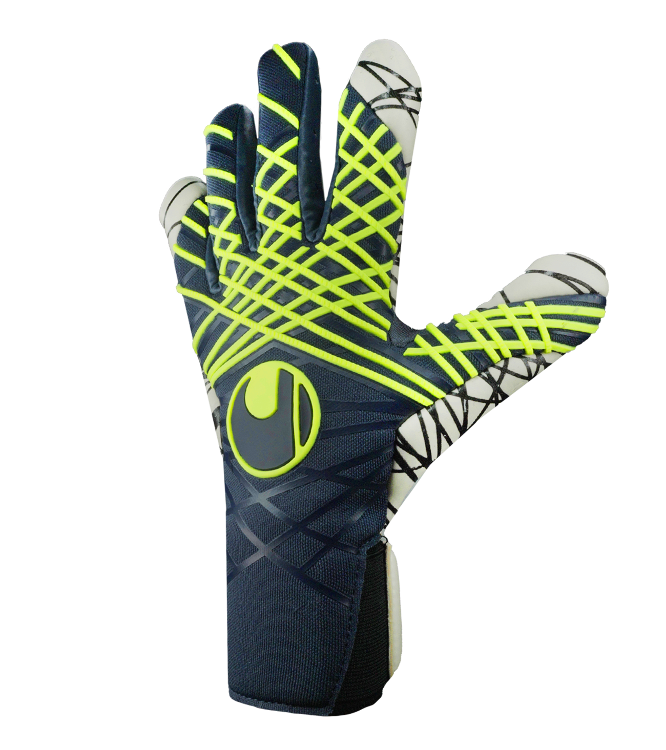 Guantes de portero de fútbol Uhlsport Prediction UltraGrip HN en azul/blanco/amarillo, con palma SuperGRIP, corte Half Negative, dorso ligero y cierre Dual Fix. Guantes profesionales de alto agarre y ajuste, disponibles en UnoKeeper.