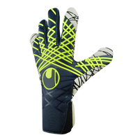 Guantes de portero de fútbol Uhlsport Prediction UltraGrip HN en azul/blanco/amarillo, con palma SuperGRIP, corte Half Negative, dorso ligero y cierre Dual Fix. Guantes profesionales de alto agarre y ajuste, disponibles en UnoKeeper.