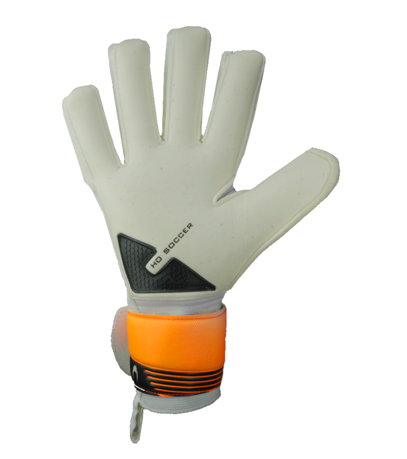 Guantes de portero de futbol HO Soccer One NG Blade Shield Blanco/Naranja/Negro, con palma SHIELD de 5 mm para mayor durabilidad en césped artificial, corte negativo ergonómico, dorso transpirable y cierre de muñequera elástica con velcro. Disponibles en UnoKeeper.