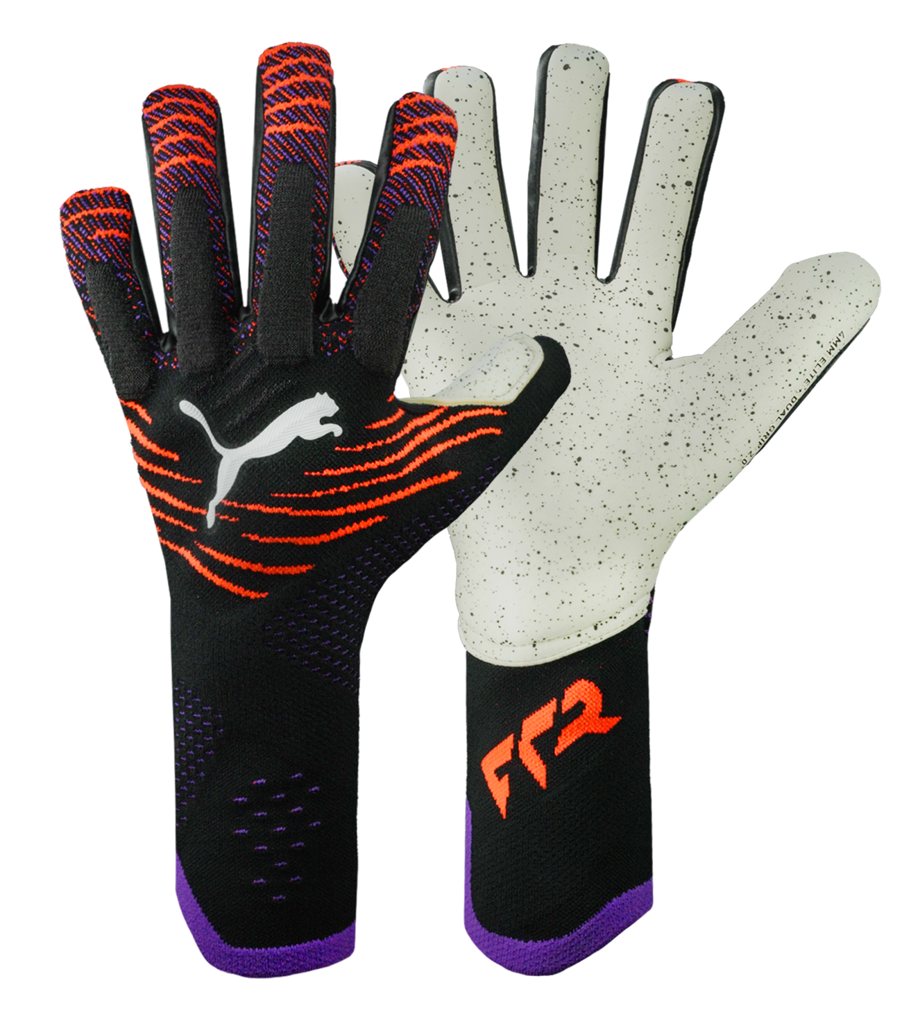 Guantes de portero de fútbol Puma Future Ultimate NC Pro en negro/rojo, con palma Elite+ Dual Grip de látex alemán de 4 mm, corte negativo anatómico, dorso con relieve en nudillos y cierre de muñeca elástica. Guantes profesionales de alto rendimiento, disponibles en UnoKeeper.