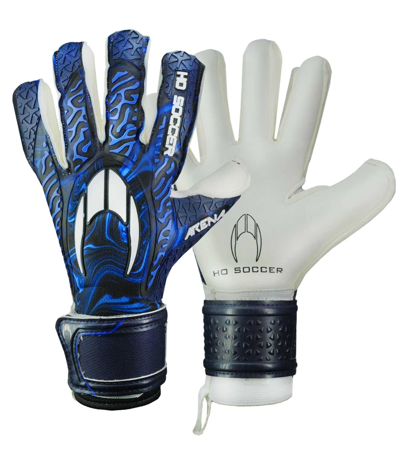 Guantes de portero de futbol HO Soccer Pro Mega Arena NG Blue Shadow en azul, con palma DUO MEGA 2.0 de agarre élite, corte negativo envolvente, dorso reforzado y cierre elástico seguro. Disponibles en UnoKeeper.