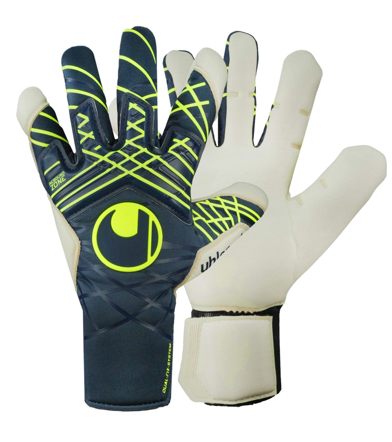Guantes de portero de fútbol Uhlsport Prediction AbsolutGrip Skin Cut en azul/blanco/amarillo, con palma ABSOLUTGRIP, corte Skin Cut, dorso ergonómico y cierre Dual Fix. Guantes profesionales de alto agarre, precisión y ajuste seguro, disponibles en UnoKeeper.
