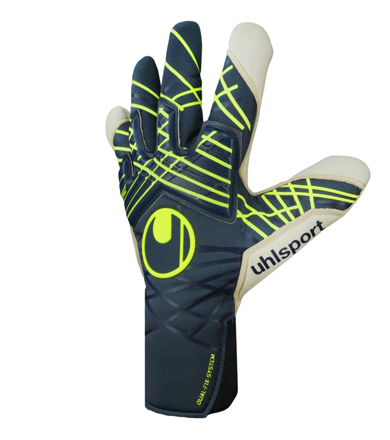 Guantes de portero de fútbol Uhlsport Prediction AbsolutGrip Skin Cut en azul/blanco/amarillo, con palma ABSOLUTGRIP, corte Skin Cut, dorso ergonómico y cierre Dual Fix. Guantes profesionales de alto agarre, precisión y ajuste seguro, disponibles en UnoKeeper.