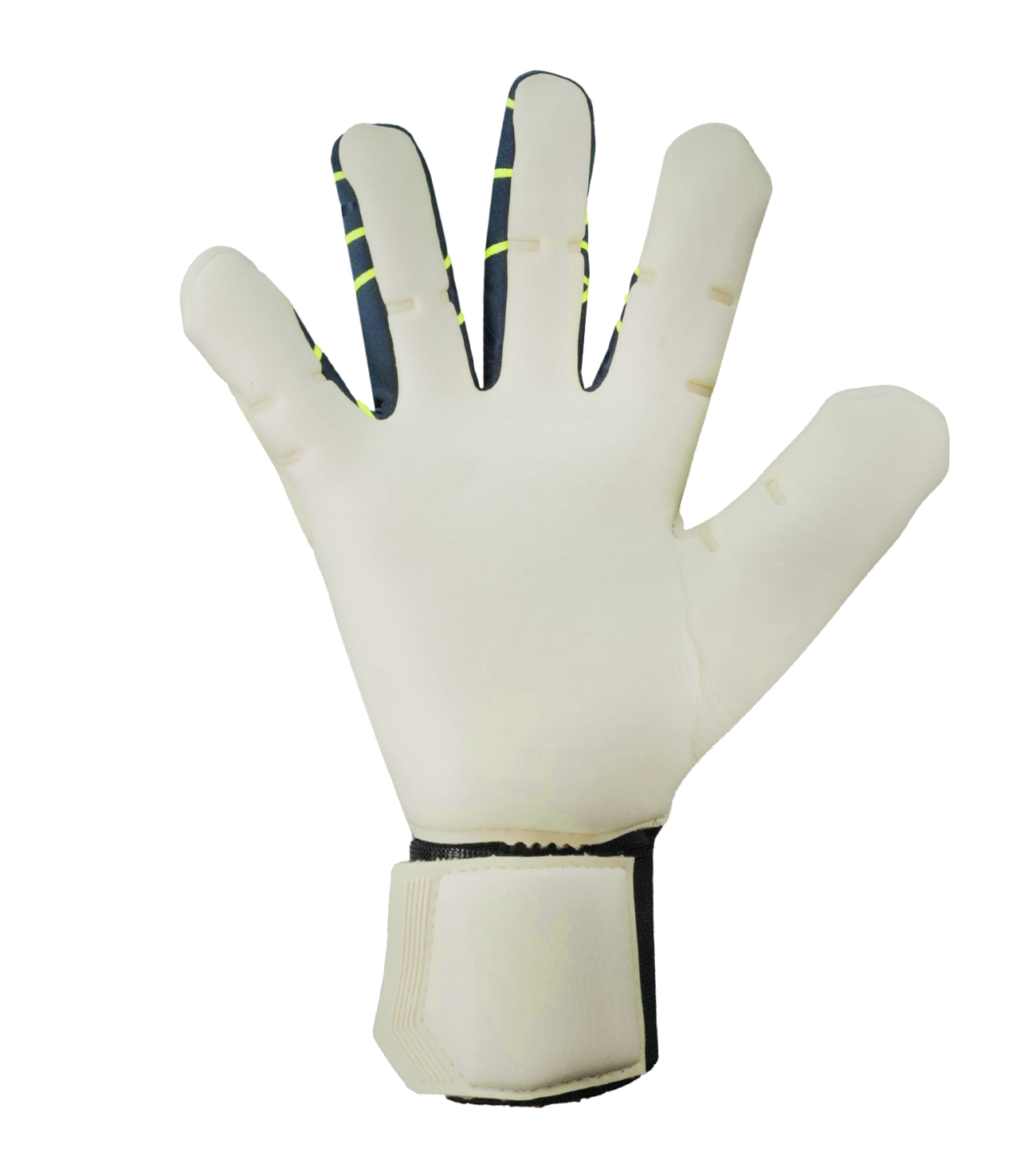 Guantes de portero de fútbol Uhlsport Prediction AbsolutGrip Skin Cut en azul/blanco/amarillo, con palma ABSOLUTGRIP, corte Skin Cut, dorso ergonómico y cierre Dual Fix. Guantes profesionales de alto agarre, precisión y ajuste seguro, disponibles en UnoKeeper.