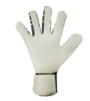 Guantes de portero de fútbol Uhlsport Prediction AbsolutGrip Skin Cut en azul/blanco/amarillo, con palma ABSOLUTGRIP, corte Skin Cut, dorso ergonómico y cierre Dual Fix. Guantes profesionales de alto agarre, precisión y ajuste seguro, disponibles en UnoKeeper.