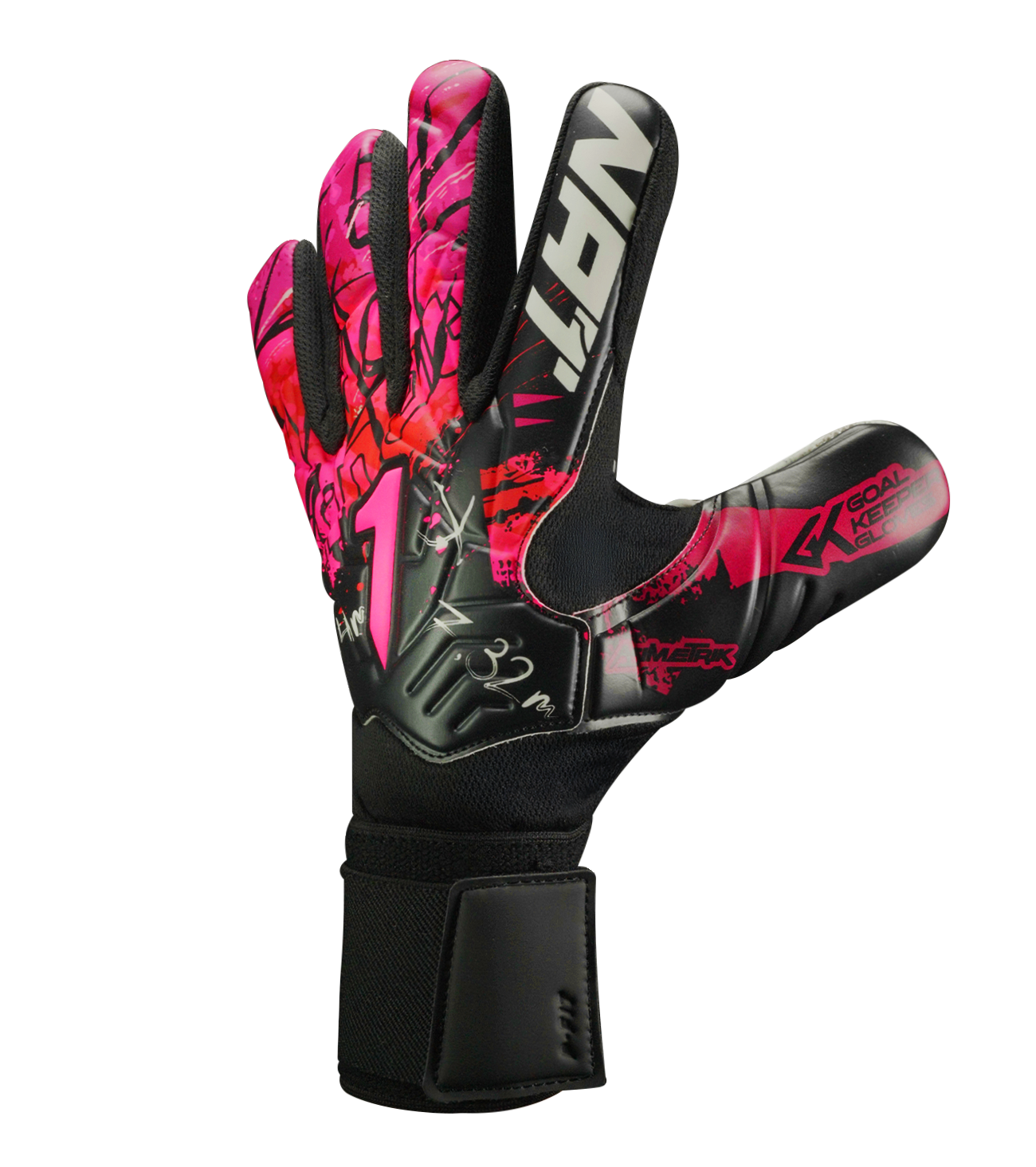 Guantes de portero de futbol Rinat Asimetrik Training Magenta Rojo con palma Gecko Grip resistente, corte negativo anatómico, varillas de protección en los dedos, dorso de látex sintético con insertos acolchados y cierre ajustable con muñequera elástica unokeeper.
