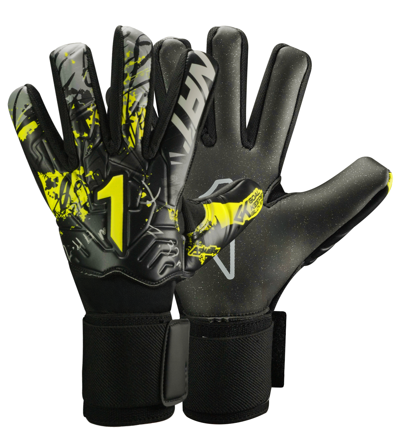 Guantes de portero de futbol Rinat Asimetrik Training Turf con palma Turf Tech resistente a desgaste, corte negativo ergonómico, dorso de látex sintético voluminoso sobre malla transpirable y cierre de muñequera elástica con velcro unokeeper.
