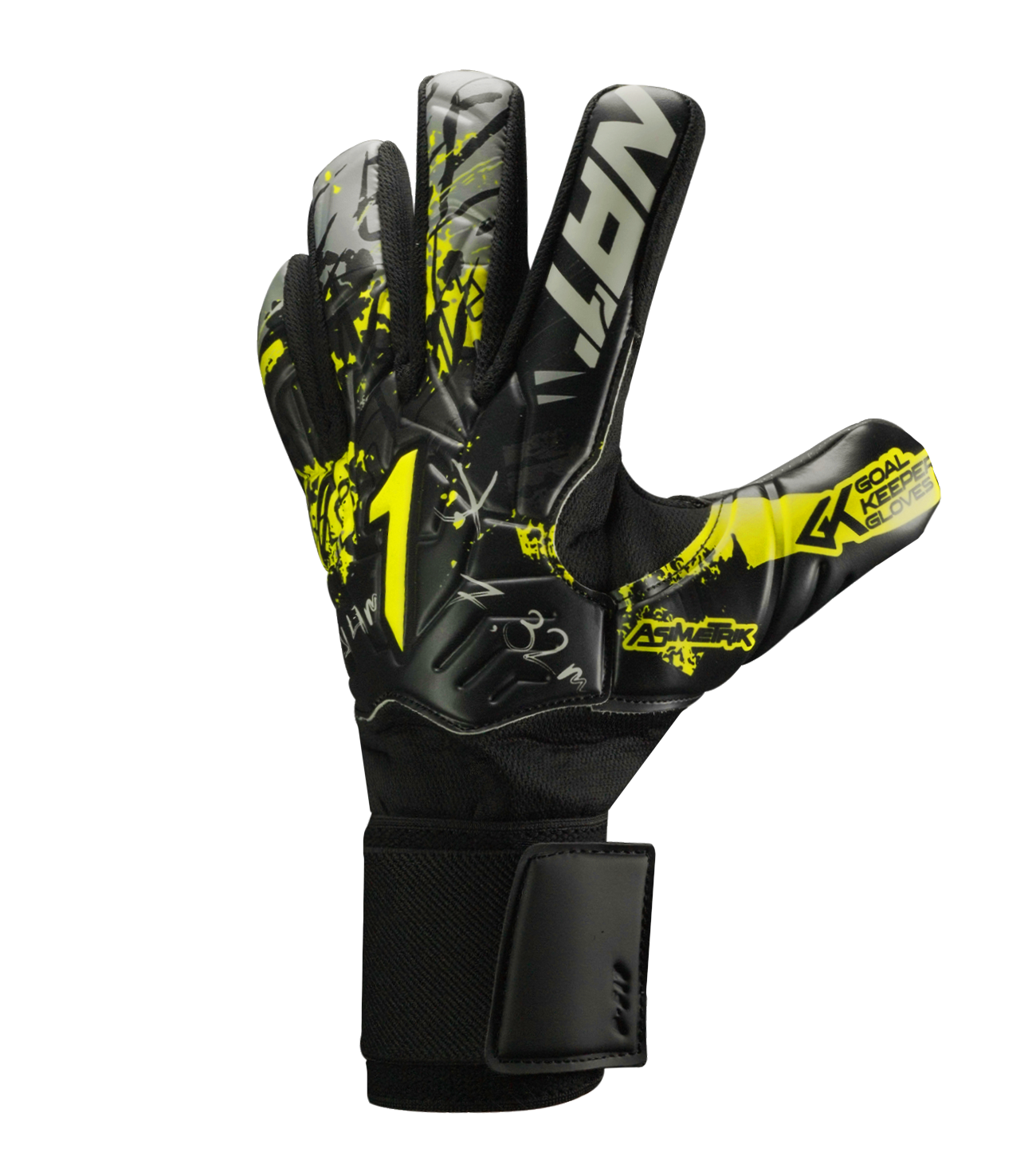 Guantes de portero de futbol Rinat Asimetrik Training Turf con palma Turf Tech resistente a desgaste, corte negativo ergonómico, dorso de látex sintético voluminoso sobre malla transpirable y cierre de muñequera elástica con velcro unokeeper.