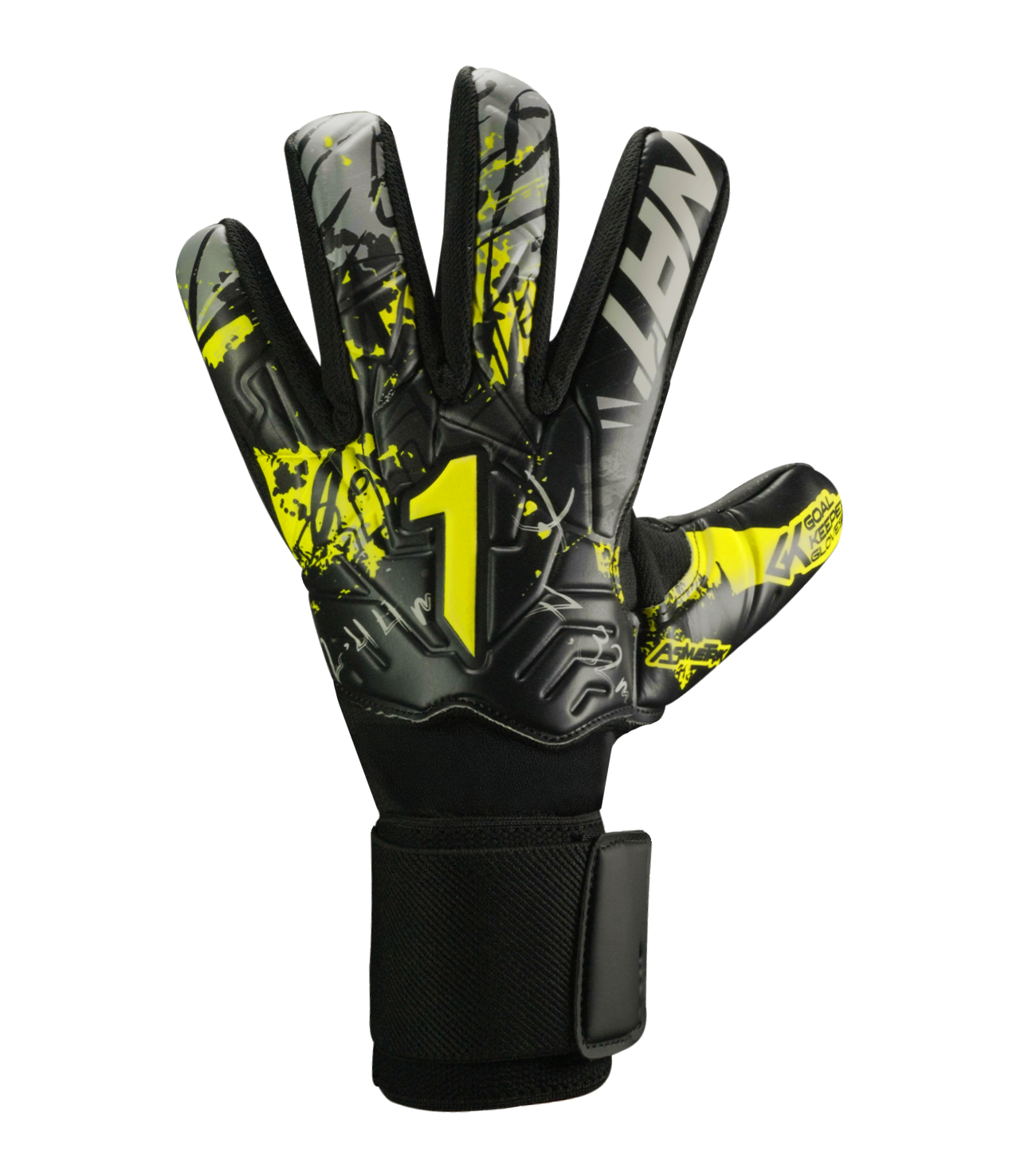 Guantes de portero de futbol Rinat Asimetrik Training Turf con palma Turf Tech resistente a desgaste, corte negativo ergonómico, dorso de látex sintético voluminoso sobre malla transpirable y cierre de muñequera elástica con velcro unokeeper.