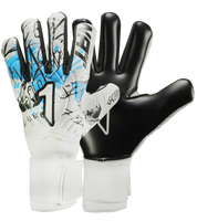 Guantes de portero de portero de futbol Rinat Asimetrik Training Blanco Azul Negro con palma Gecko Grip resistente, corte negativo, varillas de protección en los dedos, dorso de látex sintético con paneles de impacto y cierre con muñequera elástica ajustable unokeeper.