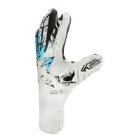 Guantes de portero de portero de futbol Rinat Asimetrik Training Blanco Azul Negro con palma Gecko Grip resistente, corte negativo, varillas de protección en los dedos, dorso de látex sintético con paneles de impacto y cierre con muñequera elástica ajustable unokeeper.