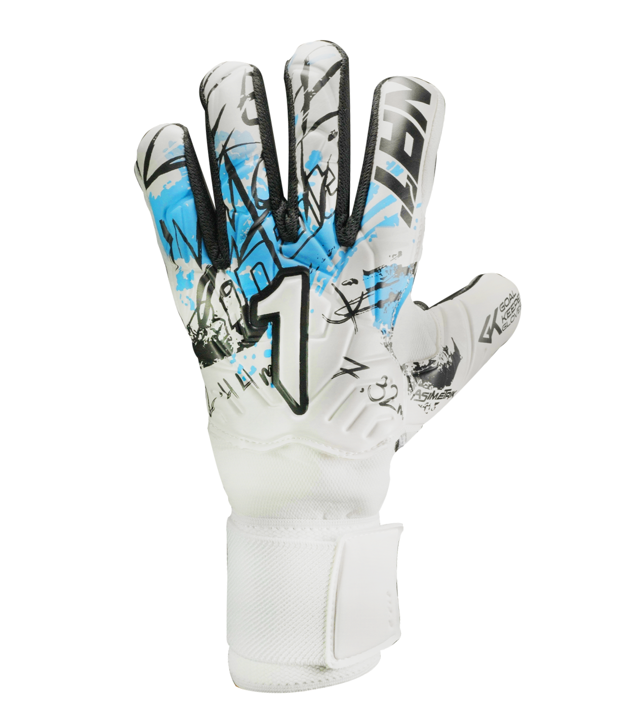 Guantes de portero de portero de futbol Rinat Asimetrik Training Blanco Azul Negro con palma Gecko Grip resistente, corte negativo, varillas de protección en los dedos, dorso de látex sintético con paneles de impacto y cierre con muñequera elástica ajustable unokeeper.