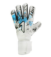 Guantes de portero de portero de futbol Rinat Asimetrik Training Blanco Azul Negro con palma Gecko Grip resistente, corte negativo, varillas de protección en los dedos, dorso de látex sintético con paneles de impacto y cierre con muñequera elástica ajustable unokeeper.