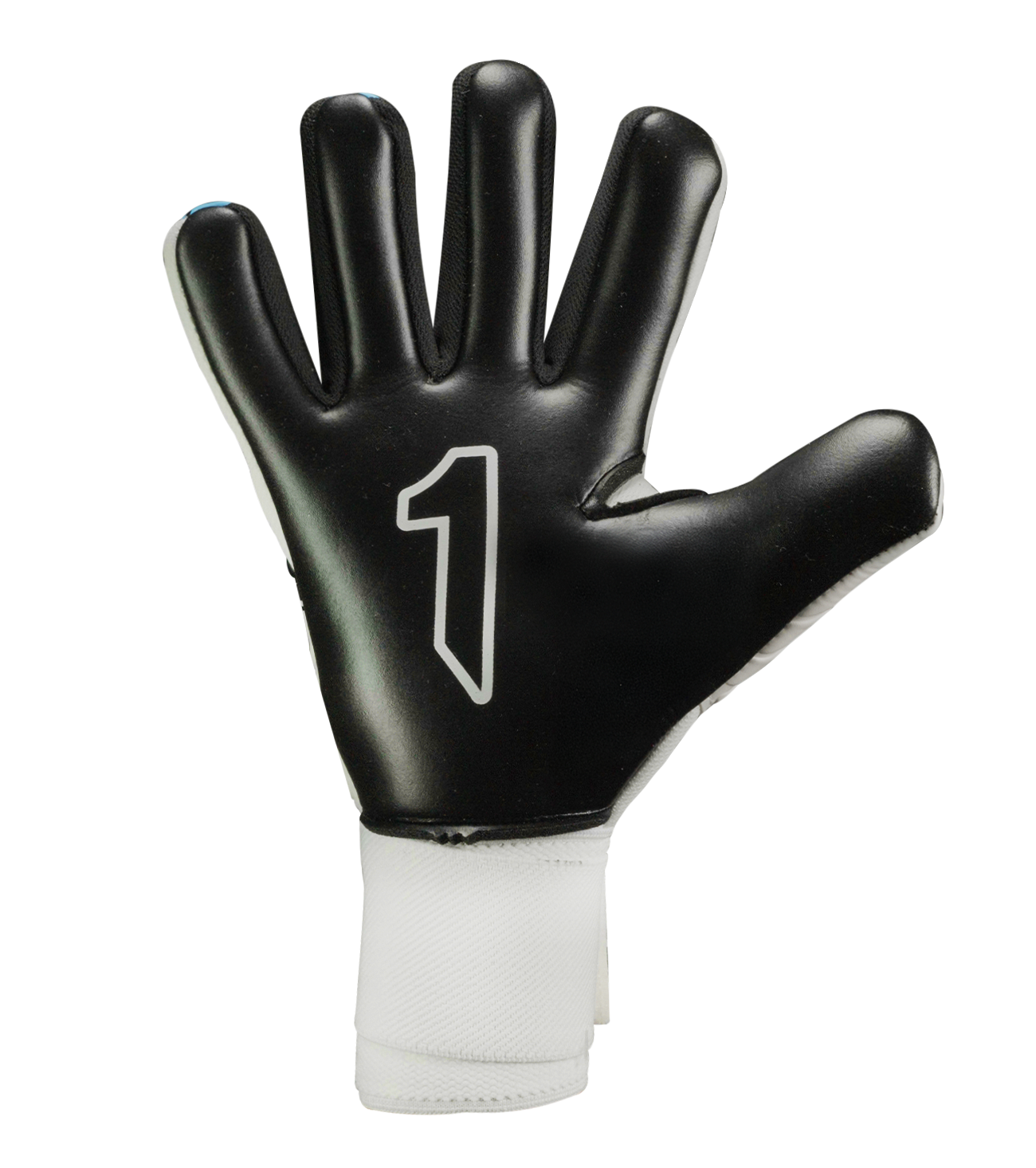 Guantes de portero de portero de futbol Rinat Asimetrik Training Blanco Azul Negro con palma Gecko Grip resistente, corte negativo, varillas de protección en los dedos, dorso de látex sintético con paneles de impacto y cierre con muñequera elástica ajustable unokeeper.