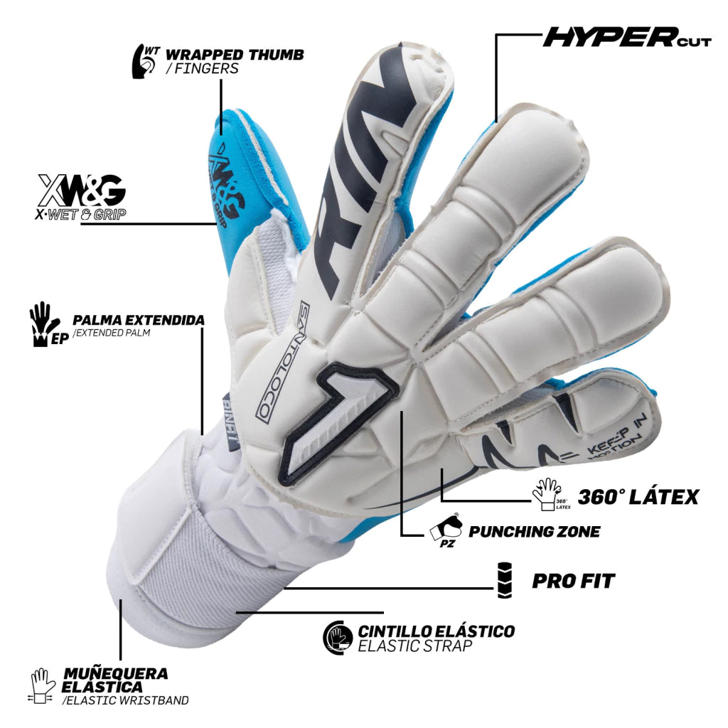Guantes de portero de fútbol Santoloco, con palma X-W&G de agarre superior en climas húmedos, corte Hyper Cut para mayor superficie de contacto y dorso de látex natural con refuerzo en nudillos. Ajuste elástico seguro y máximo rendimiento. Disponibles en UnoKeeper.