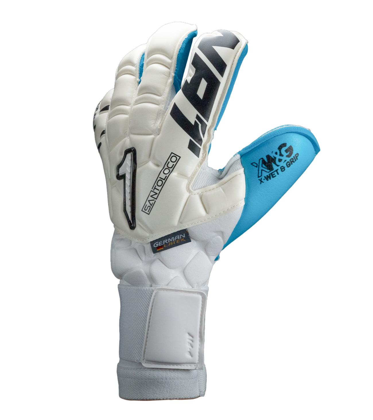 Guantes de portero de fútbol Santoloco, con palma X-W&G de agarre superior en climas húmedos, corte Hyper Cut para mayor superficie de contacto y dorso de látex natural con refuerzo en nudillos. Ajuste elástico seguro y máximo rendimiento. Disponibles en UnoKeeper.