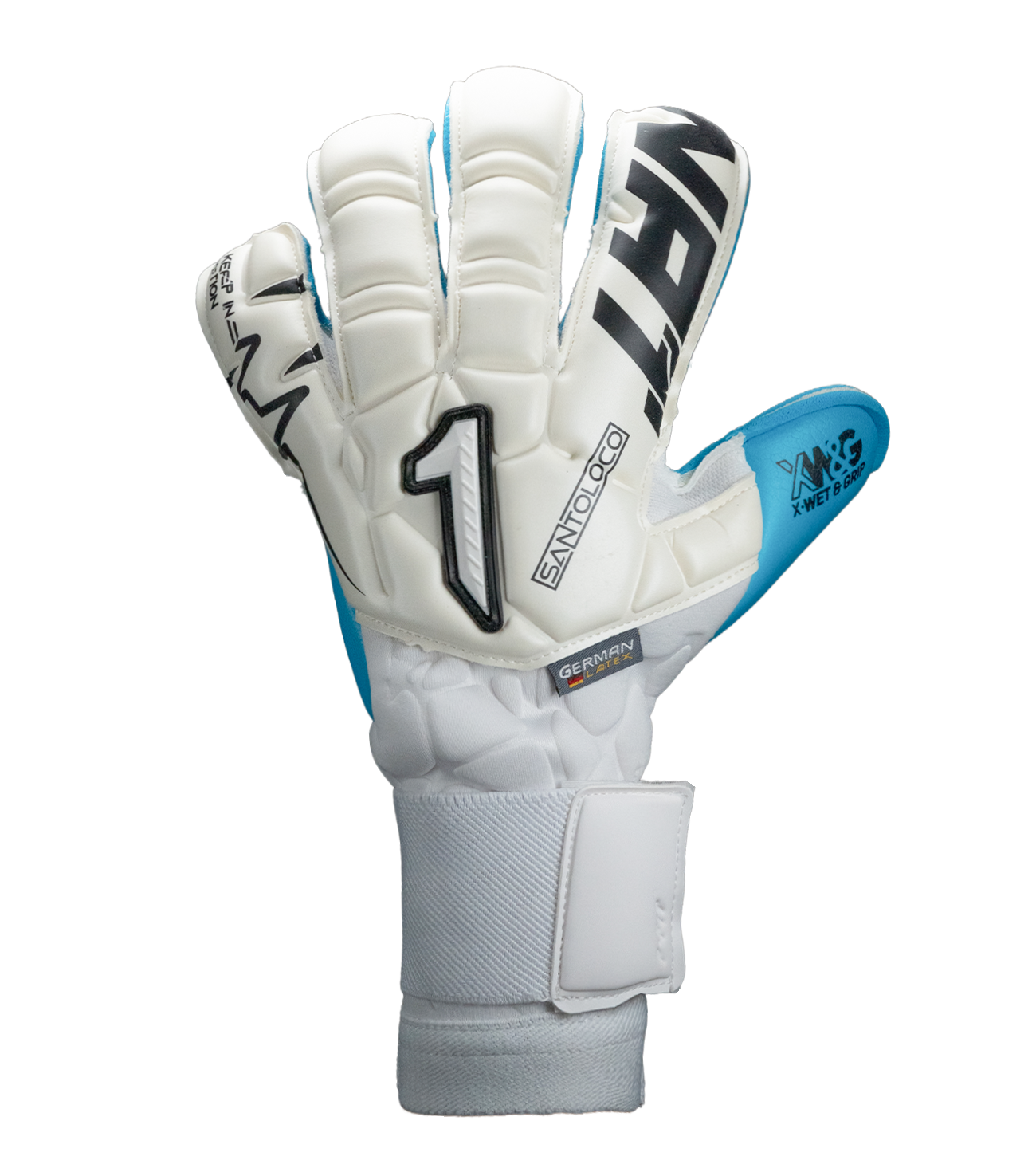 Guantes de portero de fútbol Santoloco, con palma X-W&G de agarre superior en climas húmedos, corte Hyper Cut para mayor superficie de contacto y dorso de látex natural con refuerzo en nudillos. Ajuste elástico seguro y máximo rendimiento. Disponibles en UnoKeeper.