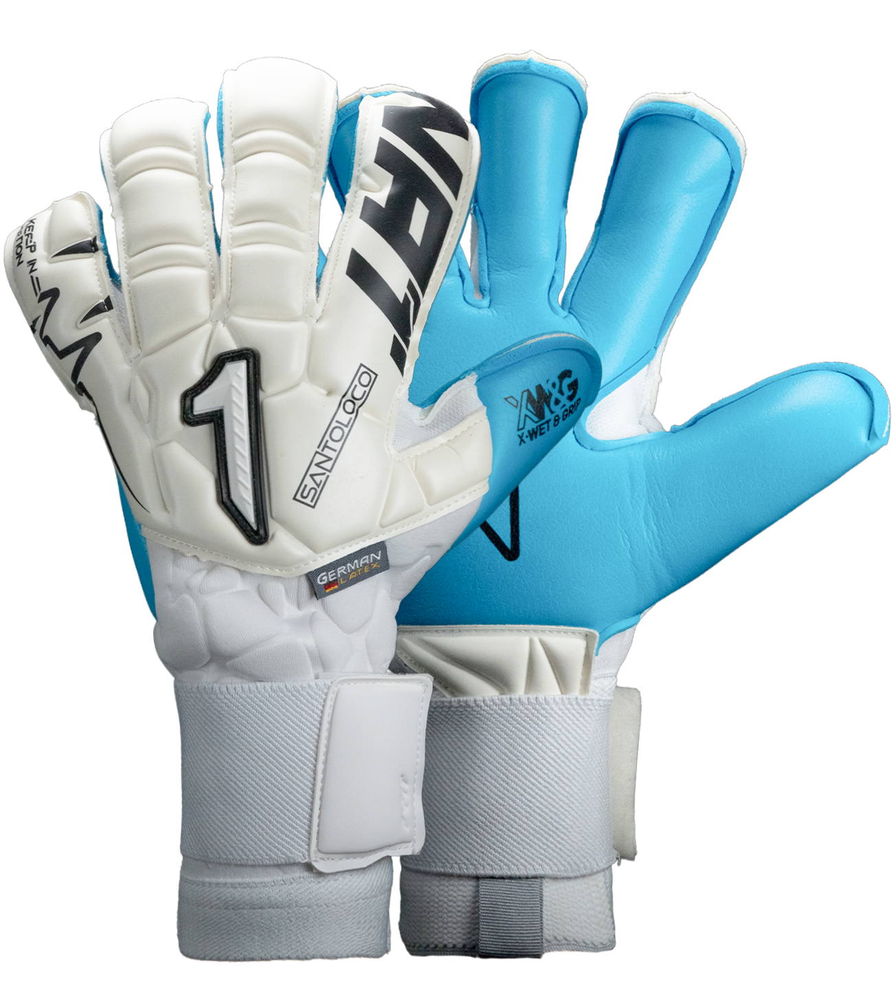 Guantes de portero de fútbol Santoloco, con palma X-W&G de agarre superior en climas húmedos, corte Hyper Cut para mayor superficie de contacto y dorso de látex natural con refuerzo en nudillos. Ajuste elástico seguro y máximo rendimiento. Disponibles en UnoKeeper.