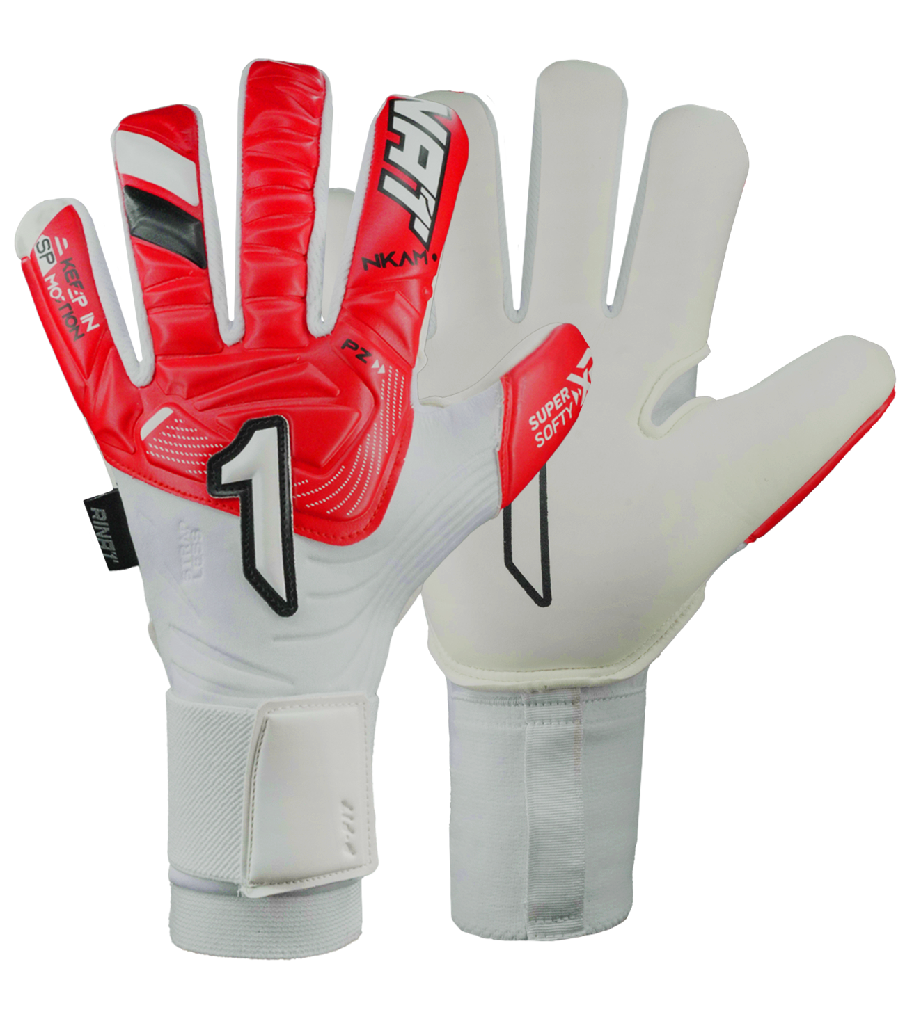 Guantes de portero de fútbol NKAM – corte negativo ceñido con palma Super Softy XP para agarre seguro y duradero, dorso semi armado que protege nudillos con ligereza y flexibilidad, y cierre de muñequera elástica con broche. Rendimiento, confort y control profesional. Disponibles en UnoKeeper.
