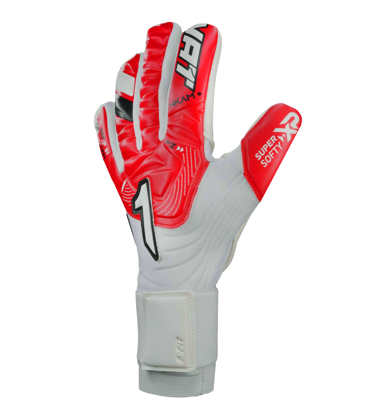 Guantes de portero de fútbol NKAM – corte negativo ceñido con palma Super Softy XP para agarre seguro y duradero, dorso semi armado que protege nudillos con ligereza y flexibilidad, y cierre de muñequera elástica con broche. Rendimiento, confort y control profesional. Disponibles en UnoKeeper.