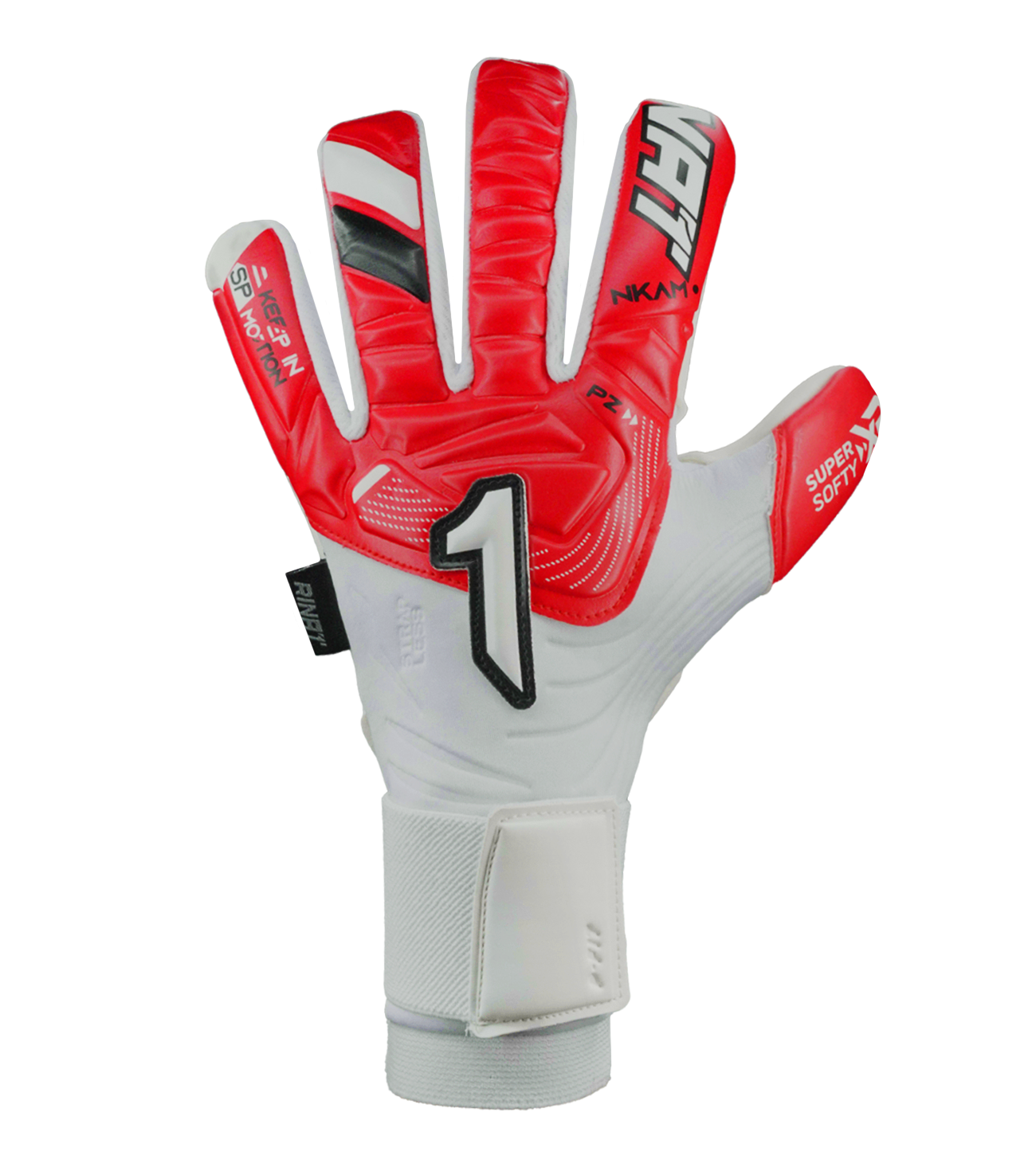 Guantes de portero de fútbol NKAM – corte negativo ceñido con palma Super Softy XP para agarre seguro y duradero, dorso semi armado que protege nudillos con ligereza y flexibilidad, y cierre de muñequera elástica con broche. Rendimiento, confort y control profesional. Disponibles en UnoKeeper.