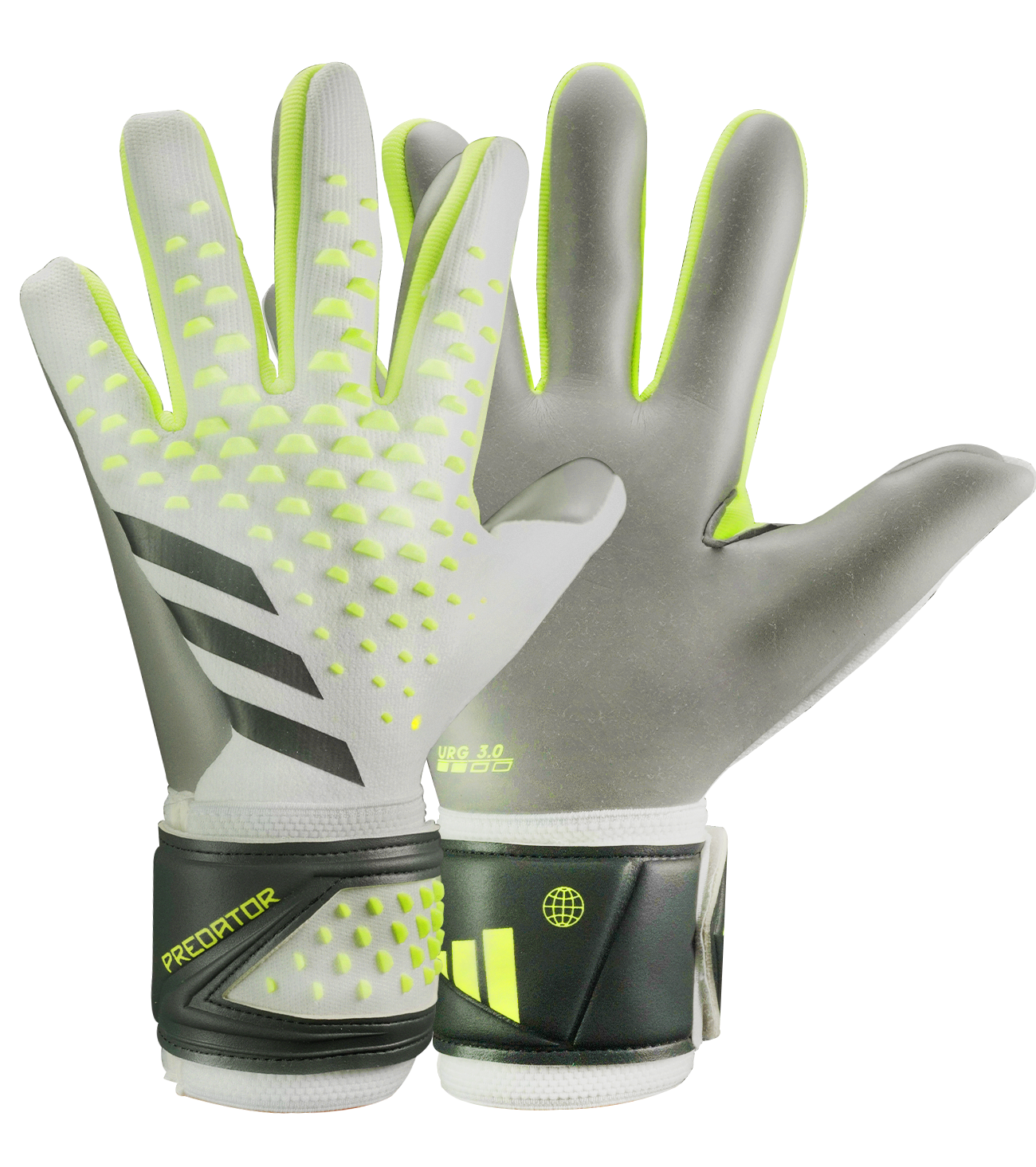 Guantes de portero de futbol Adidas Predator GL Pro en azul brillante, limón neón y blanco, con palma URG 2.0, corte negativo, dorso elástico y cierre adaptable; diseño profesional y sostenible unokeeper.