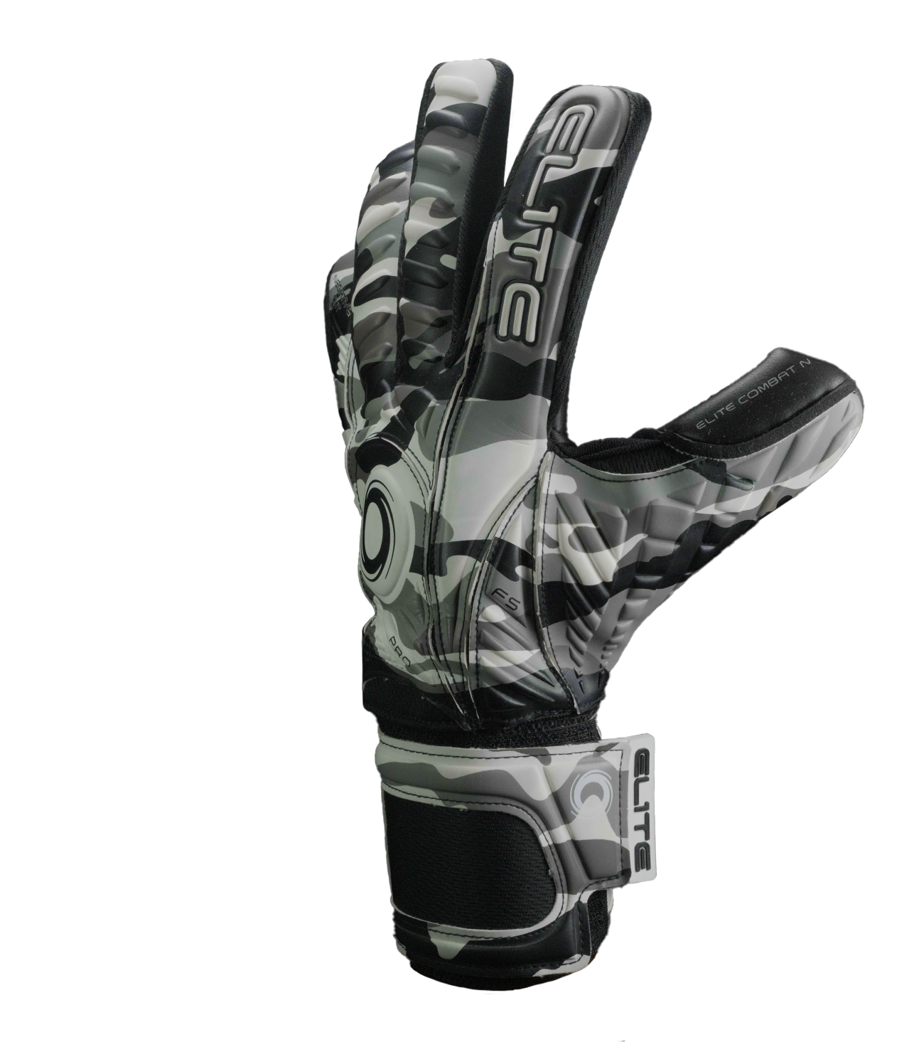 Guantes de portero Elite Sport Combat N en negro y gris, con palma de látex alemán ES Centum+ de 4 mm, corte negativo ceñido con sistema AVM™, dorso de látex PS durable con protección embosada en 3D y cinco varillas removibles para máxima personalización. Guantes de portero de futbol diseñados para condiciones exigentes y climas extremos, ideales para porteros que buscan rendimiento, ventilación y control total. Disponibles en UnoKeeper, expertos en guantes de portero de futbol.