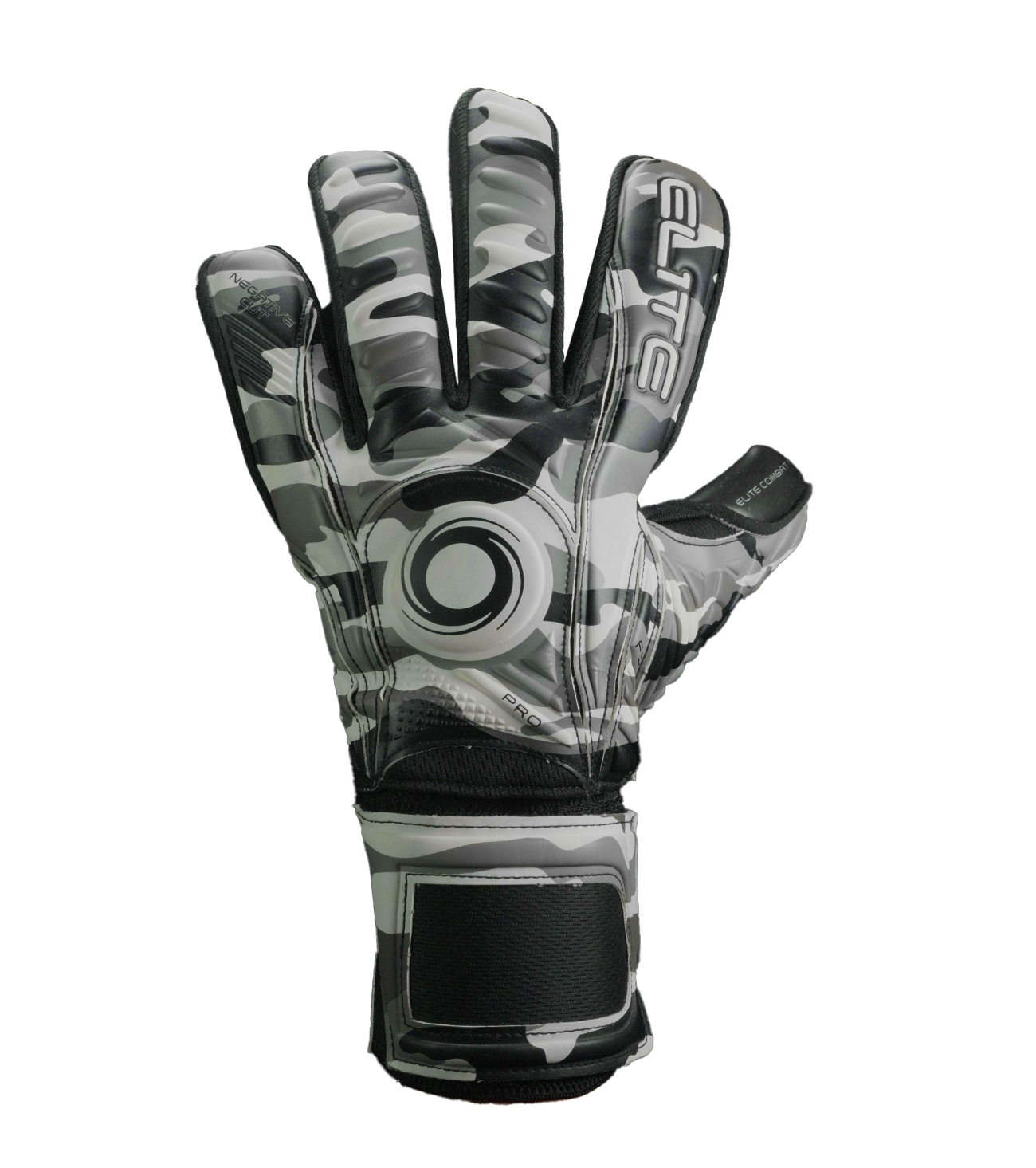 Guantes de portero Elite Sport Combat N en negro y gris, con palma de látex alemán ES Centum+ de 4 mm, corte negativo ceñido con sistema AVM™, dorso de látex PS durable con protección embosada en 3D y cinco varillas removibles para máxima personalización. Guantes de portero de futbol diseñados para condiciones exigentes y climas extremos, ideales para porteros que buscan rendimiento, ventilación y control total. Disponibles en UnoKeeper, expertos en guantes de portero de futbol.