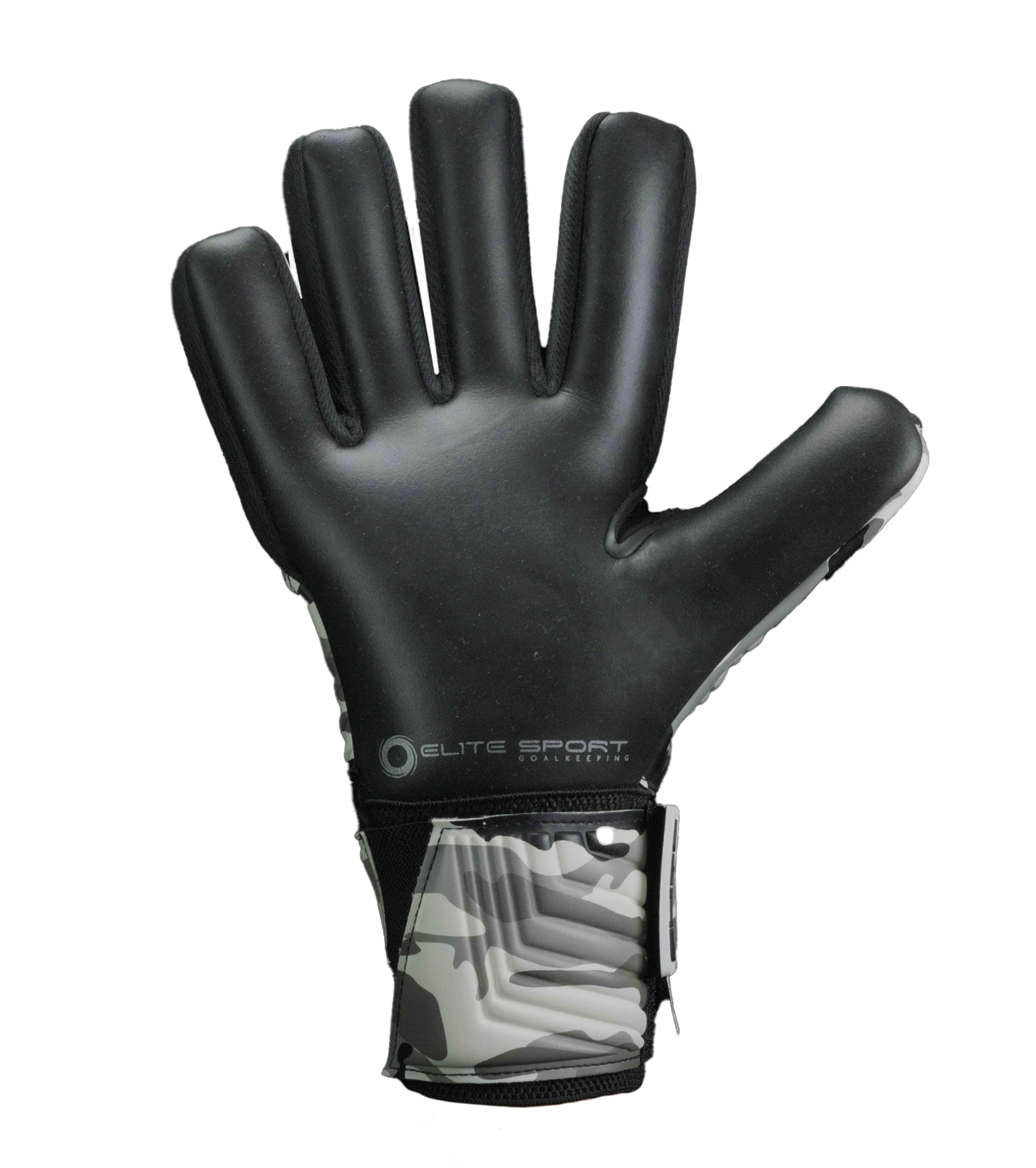 Guantes de portero Elite Sport Combat N en negro y gris, con palma de látex alemán ES Centum+ de 4 mm, corte negativo ceñido con sistema AVM™, dorso de látex PS durable con protección embosada en 3D y cinco varillas removibles para máxima personalización. Guantes de portero de futbol diseñados para condiciones exigentes y climas extremos, ideales para porteros que buscan rendimiento, ventilación y control total. Disponibles en UnoKeeper, expertos en guantes de portero de futbol.