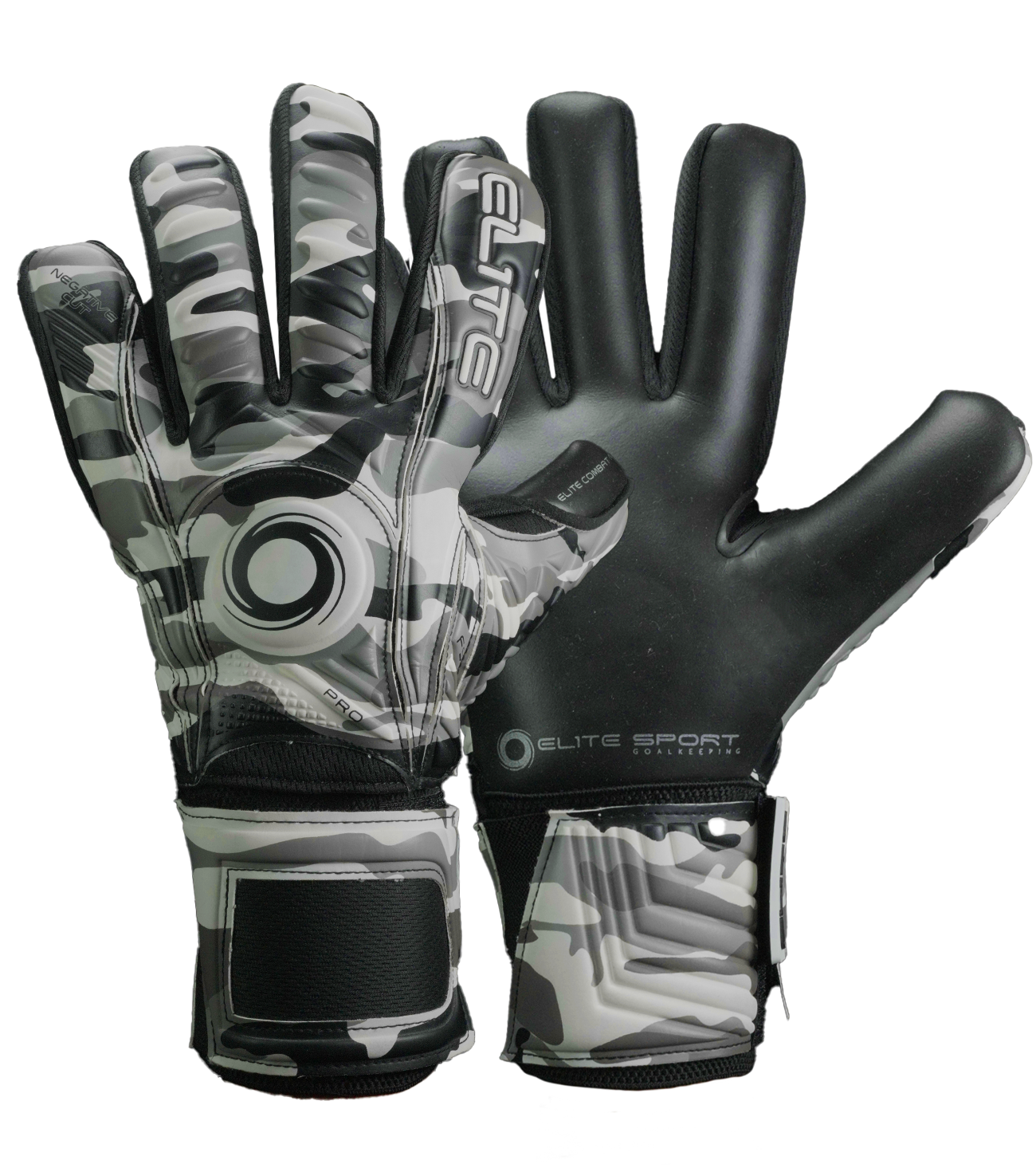 Guantes de portero Elite Sport Combat N en negro y gris, con palma de látex alemán ES Centum+ de 4 mm, corte negativo ceñido con sistema AVM™, dorso de látex PS durable con protección embosada en 3D y cinco varillas removibles para máxima personalización. Guantes de portero de futbol diseñados para condiciones exigentes y climas extremos, ideales para porteros que buscan rendimiento, ventilación y control total. Disponibles en UnoKeeper, expertos en guantes de portero de futbol.