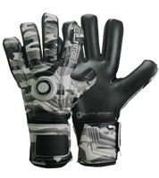 Guantes de portero Elite Sport Combat N en negro y gris, con palma de látex alemán ES Centum+ de 4 mm, corte negativo ceñido con sistema AVM™, dorso de látex PS durable con protección embosada en 3D y cinco varillas removibles para máxima personalización. Guantes de portero de futbol diseñados para condiciones exigentes y climas extremos, ideales para porteros que buscan rendimiento, ventilación y control total. Disponibles en UnoKeeper, expertos en guantes de portero de futbol.