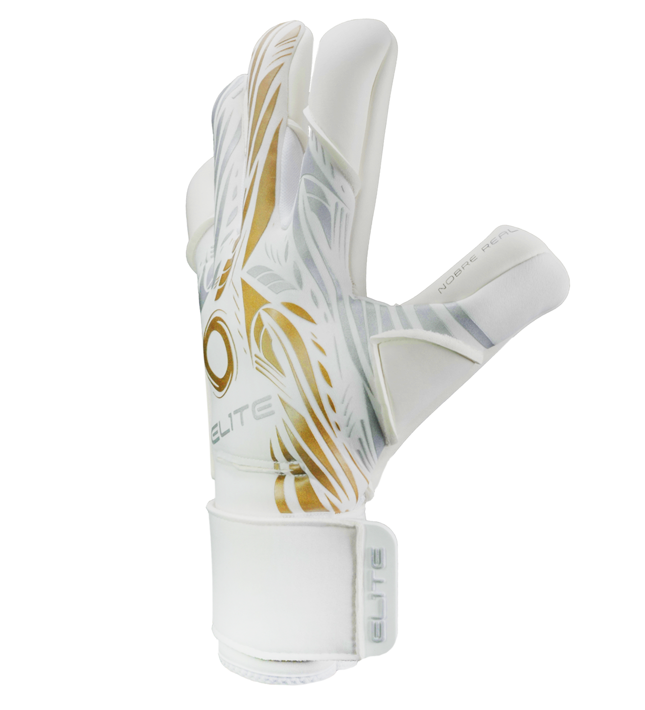 Guantes de portero de futbol Elite Sport Nobre Real Blanco Dorado con palma de látex Centum+ de 4 mm, corte SpeedCut anatómico, dorso de neopreno con espuma protectora, cintillo textil elástico ajustable y varillas removibles en cuatro dedos unokeeper.