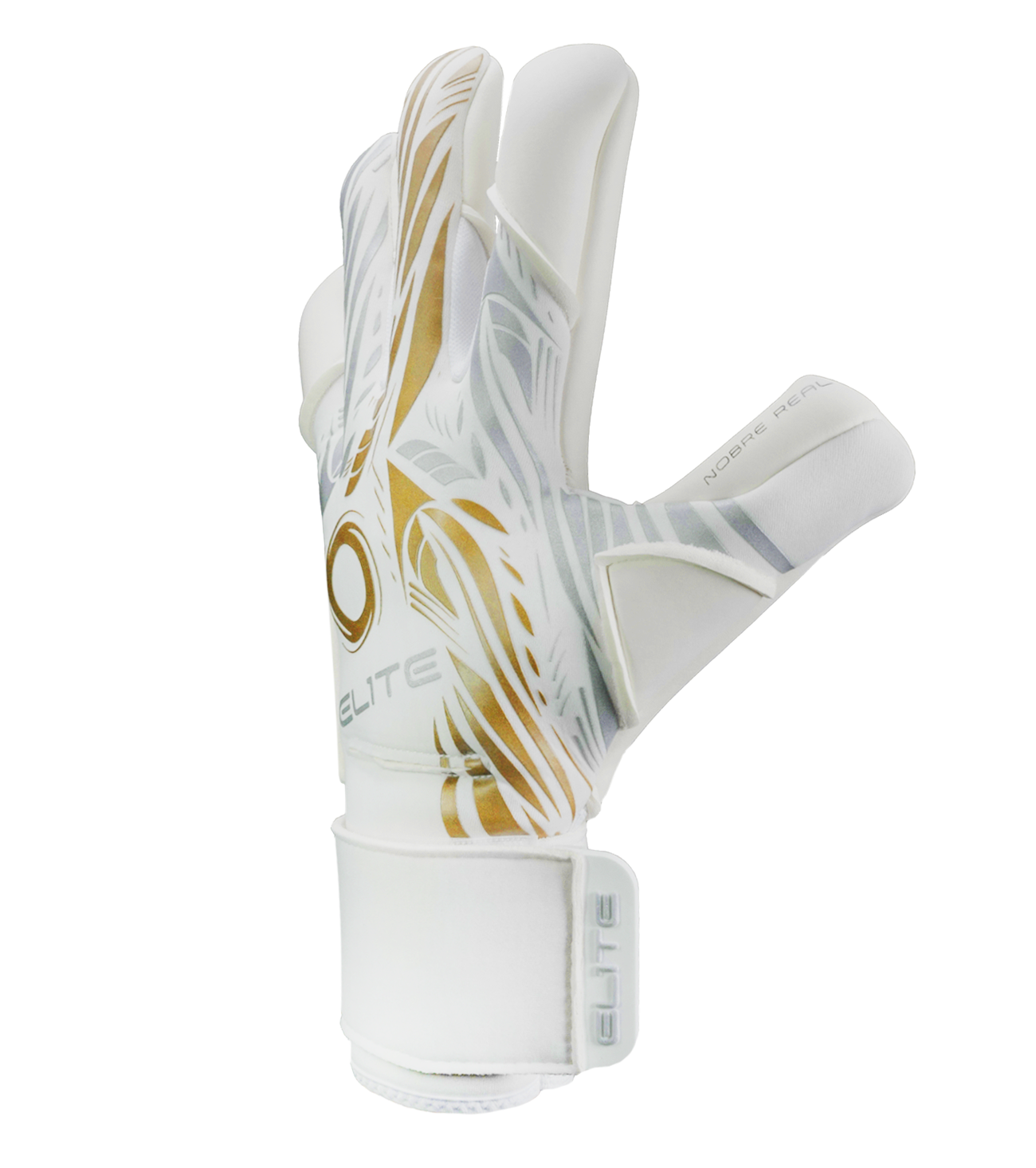 Guantes de portero de futbol Elite Sport Nobre Real Blanco Dorado con palma de látex Centum+ de 4 mm, corte SpeedCut anatómico, dorso de neopreno con espuma protectora, cintillo textil elástico ajustable y varillas removibles en cuatro dedos unokeeper.