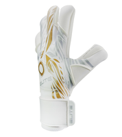 Guantes de portero de futbol Elite Sport Nobre Real Blanco Dorado con palma de látex Centum+ de 4 mm, corte SpeedCut anatómico, dorso de neopreno con espuma protectora, cintillo textil elástico ajustable y varillas removibles en cuatro dedos unokeeper.