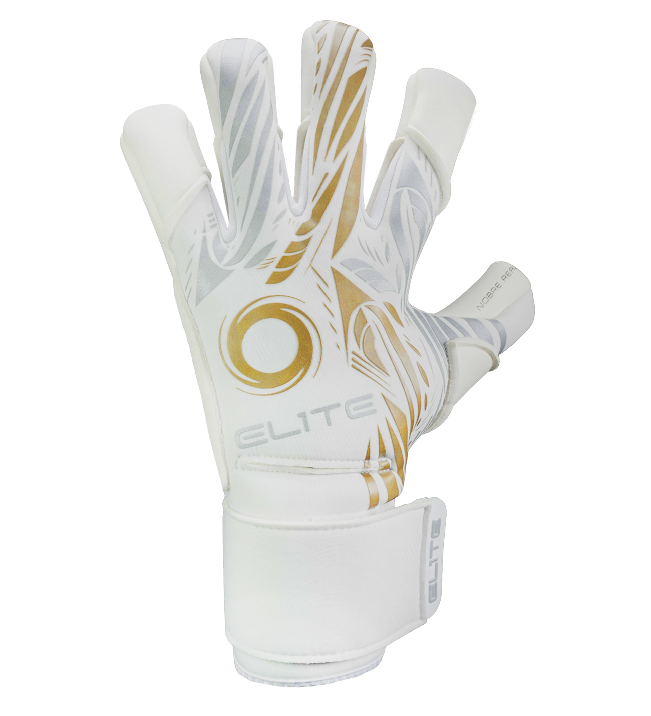 Guantes de portero de futbol Elite Sport Nobre Real Blanco Dorado con palma de látex Centum+ de 4 mm, corte SpeedCut anatómico, dorso de neopreno con espuma protectora, cintillo textil elástico ajustable y varillas removibles en cuatro dedos unokeeper.