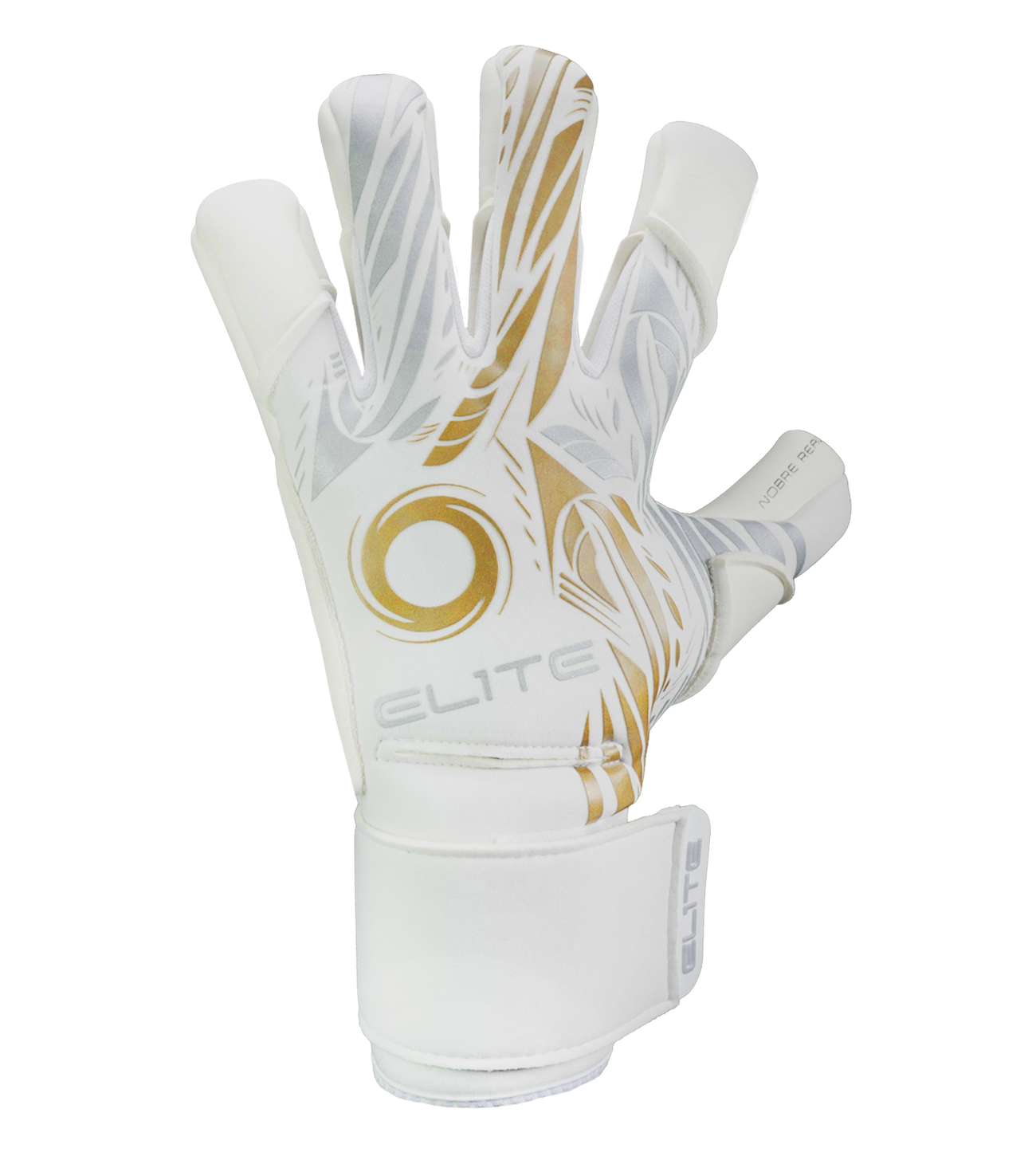 Guantes de portero de futbol Elite Sport Nobre Real Blanco Dorado con palma de látex Centum+ de 4 mm, corte SpeedCut anatómico, dorso de neopreno con espuma protectora, cintillo textil elástico ajustable y varillas removibles en cuatro dedos unokeeper.