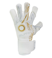 Guantes de portero de futbol Elite Sport Nobre Real Blanco Dorado con palma de látex Centum+ de 4 mm, corte SpeedCut anatómico, dorso de neopreno con espuma protectora, cintillo textil elástico ajustable y varillas removibles en cuatro dedos unokeeper.